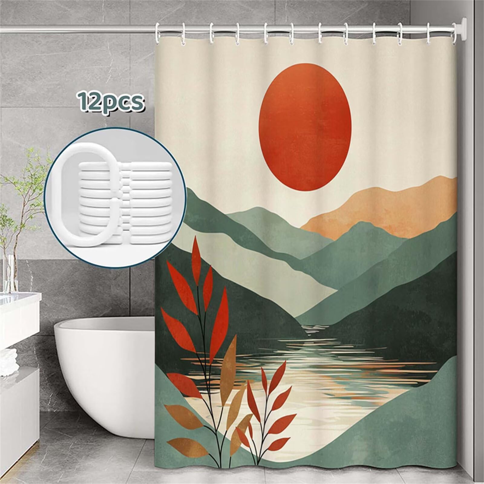 Tenda Doccia in Poliestere blu,Tende per Doccia Extra Lunga 230x180cm,Tramonto Tenda Vasca da Bagno Tessuto Lavabile,Impermeabile e Facile da Pulire,con 12 Ganci,Decorazione per Bagno,Hotel Z-168