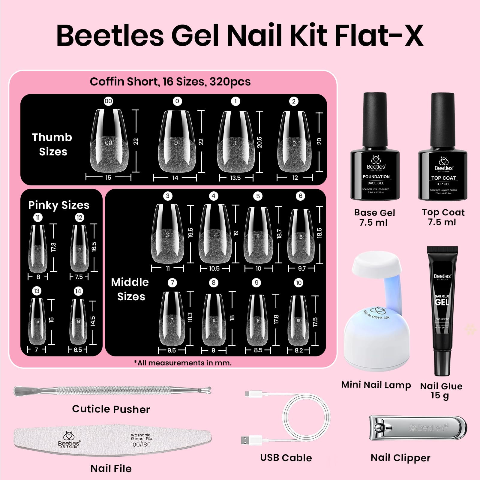 Beetles Gel Nail Kit Etch-X, Almond Short, 504pcs 12 Sizes Nail tips, with 9 in 1 Nail Glue Mini LED Light, Acrylic Half Matte Tips Press On Nail, Extension DIY Set at Home, Gift for Women & Girls