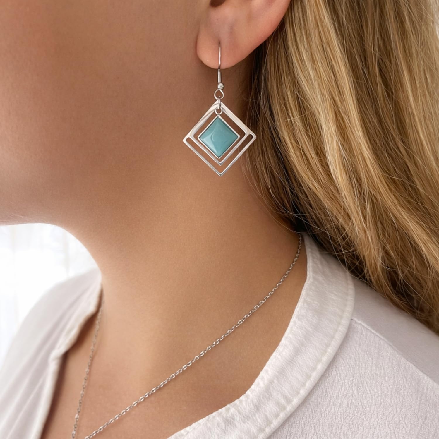 ASTER ALHELÍ – Conjunto Joyas Mujer Collar y Pendientes – Acero Inoxidable con Piedra Natural Jade Azul – Collar Ajustable y Pendientes Colgantes Elegantes – Set Joyería Artesanal – Regalo Mujer