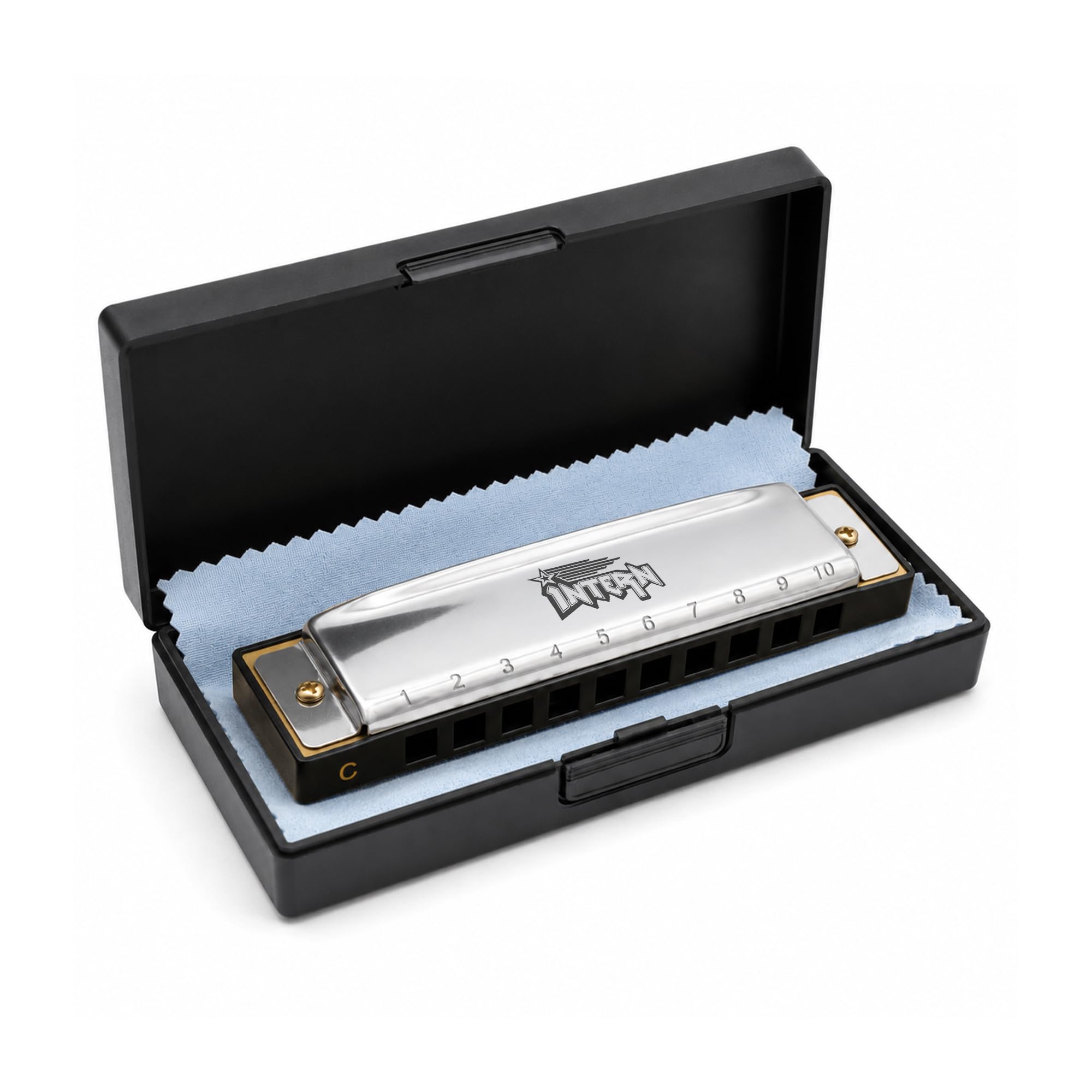 Intern KEY C 10 Hole Diatonic Blues Mouth Organ Harmonica for Professional Player, with case and cleaning cloth (Silver) (INT-HA01C)-image-8