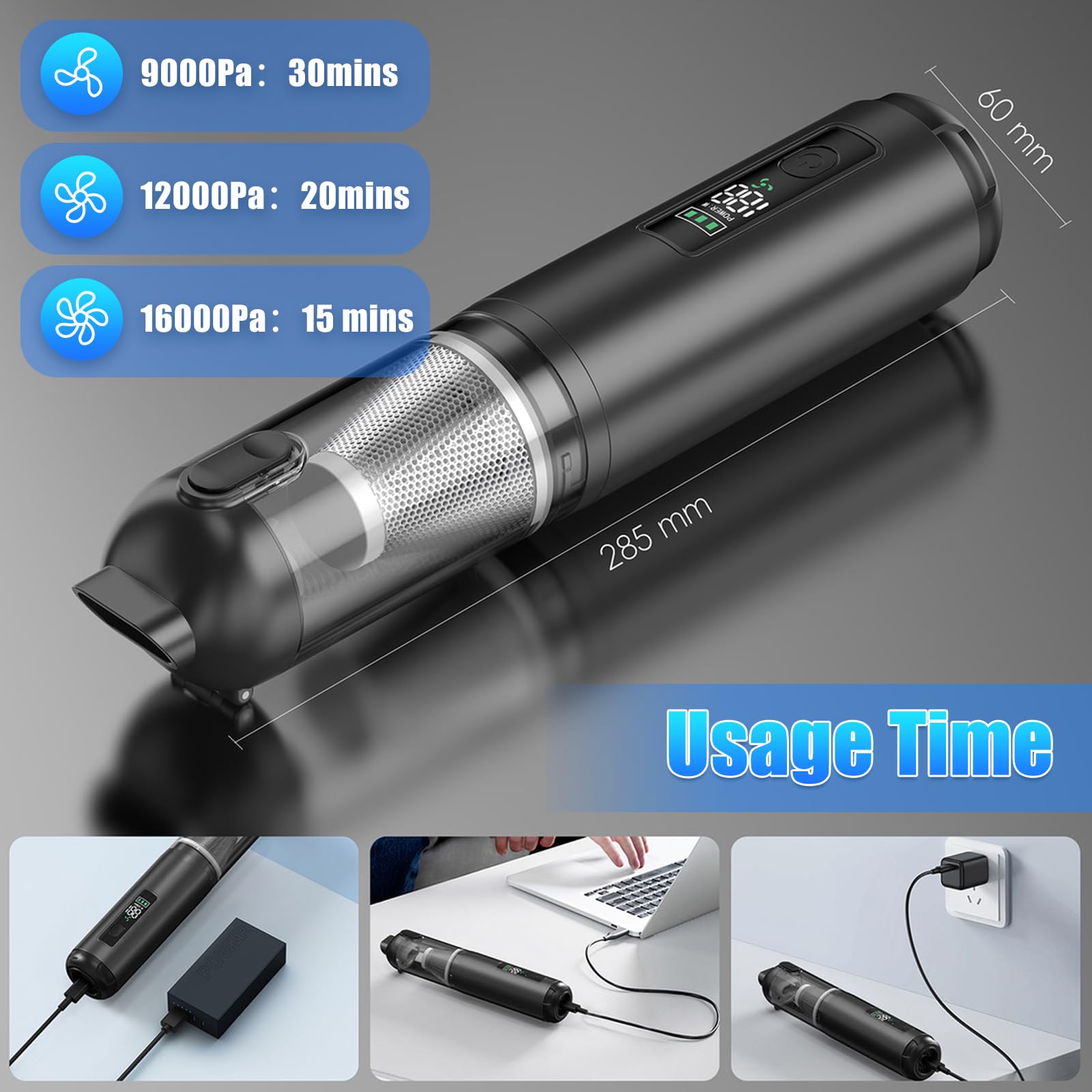 Journeyside Aspirateur à Main pour Voiture, 16000PA Aspirateur à Main sans Fil, Aspirateur pour Voiture 2 en 1, Écran de Batterie LED, 3 Niveaux D'aspiration pour Nettoyage Recoins et Ppetits Débris