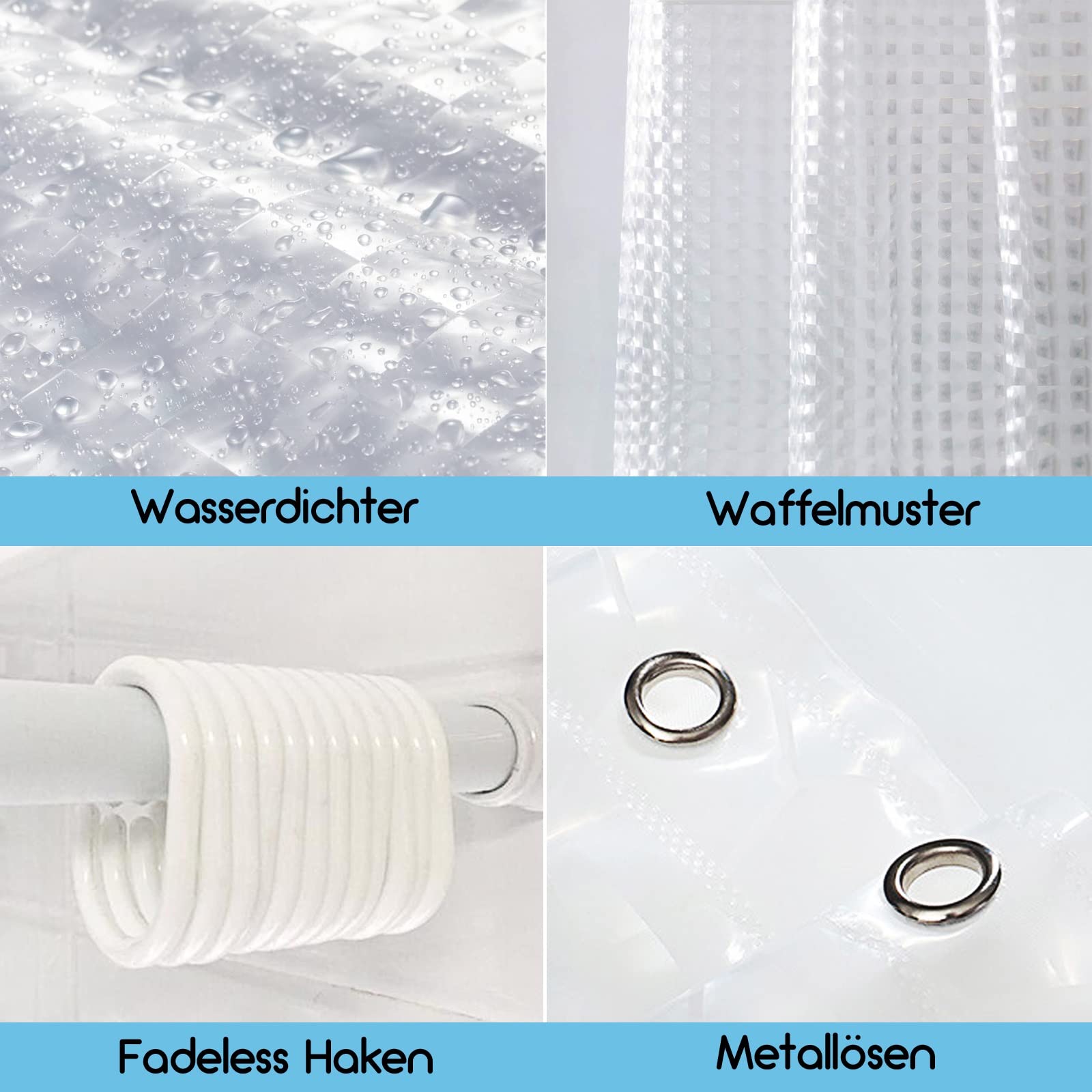 Rideau de douche transparent 180 x 180 cm, imperméable, motif gaufré, 12 crochets inclus, décoration de salle de bain élégante, facile à nettoyer et élégant