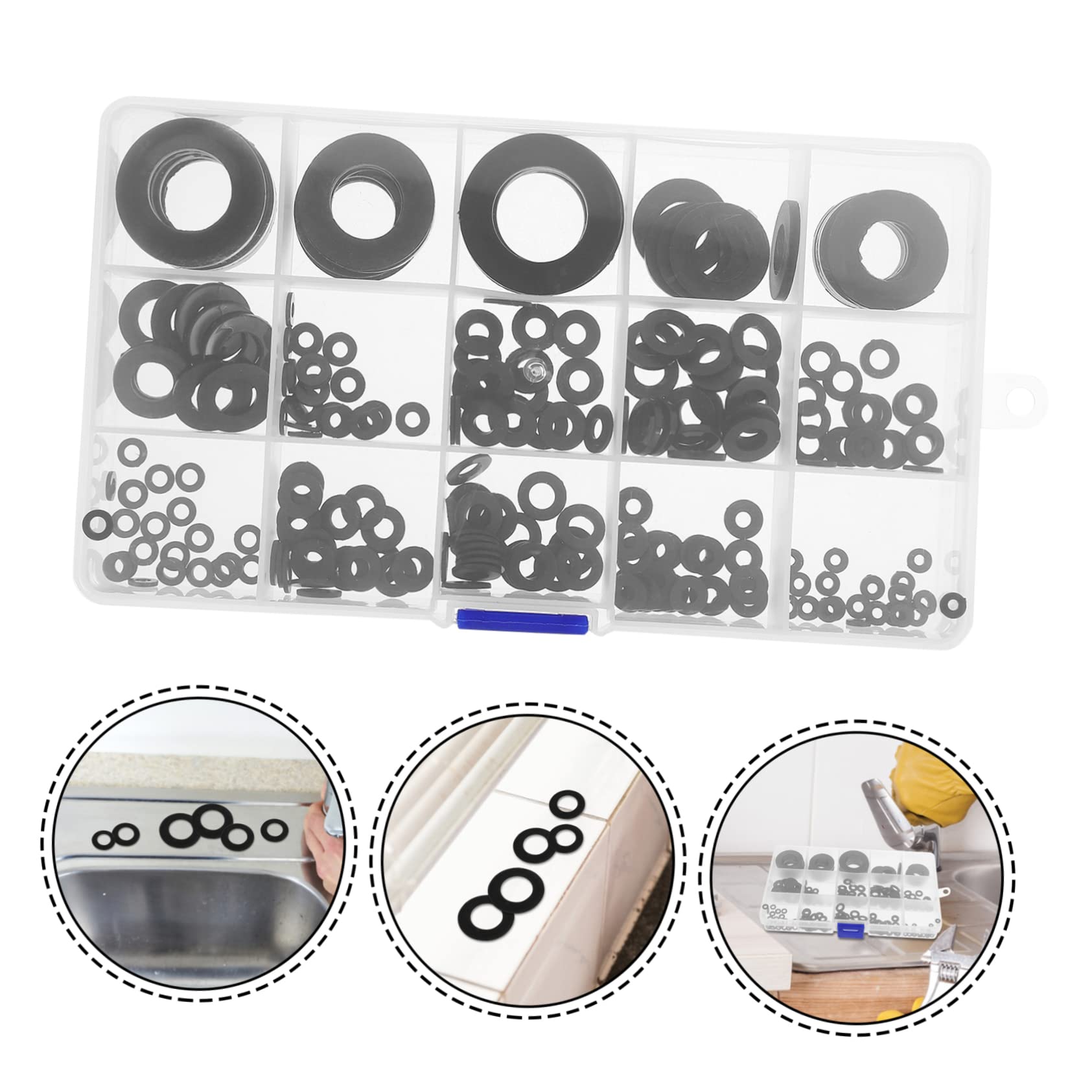 NUOBESTY Kit di Guarnizioni Rubinetto in Plastica Nera, 215 Pezzi, Multi- per Riparare Perdite per Lavabo Bagno e Rubinetto Cucina