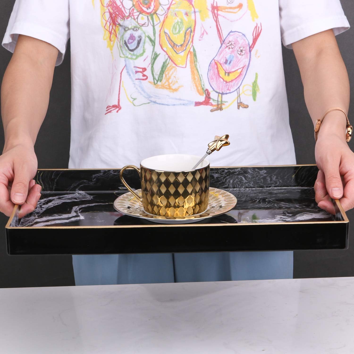 Simmer Stone Decorative Tray, Marbling Plastic With Handles, Rectangular Vanity And Serving for Bathroom Kitchen - Image 4