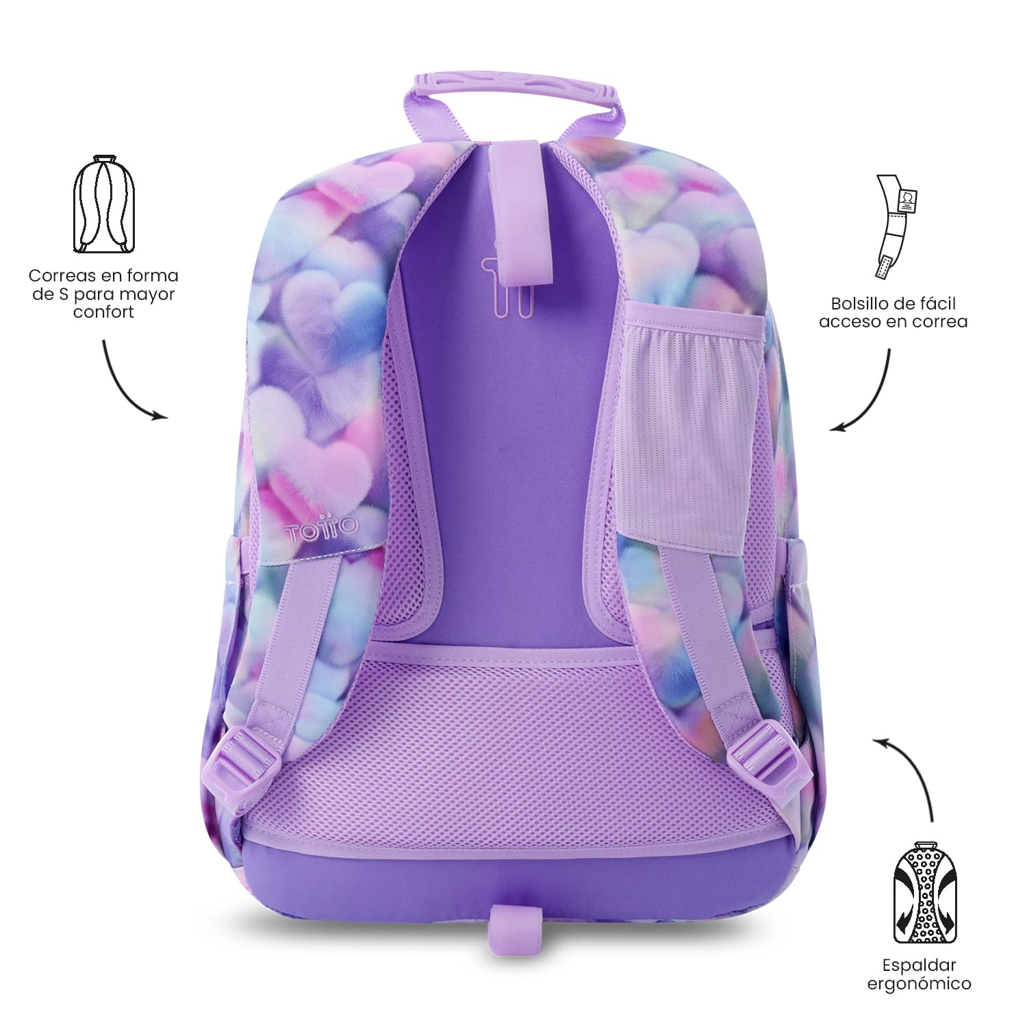 TOTTO - Mochila Escolar Adaptable a Carro, Modelo Acuareles Glitter, Capacidad 20L, Bolsillo para Pc 14", 2 Bolsillo Botella, Espaldar Ergonómico con Flujo de Aire, Correas en S, Estampado Kory Morado