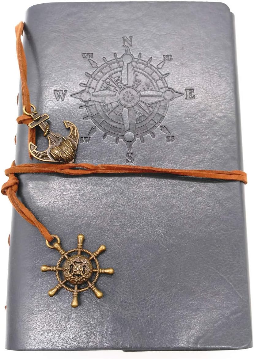 Ailifly Vintage Nautical Leather Writing Journal Notebook,Loose Leaf Blank Refillable Daily Planner Embossed Travel Journal Diary Spiral Notebook With Unlined Paper, Retro Pendants (7 inches, Gray)
