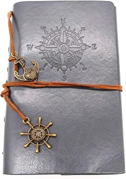 Ailifly Vintage Nautical Leather Writing Journal Notebook,Loose Leaf Blank Refillable Daily Planner Embossed Travel Journal Diary Spiral Notebook With Unlined Paper, Retro Pendants 7 inches, Gray