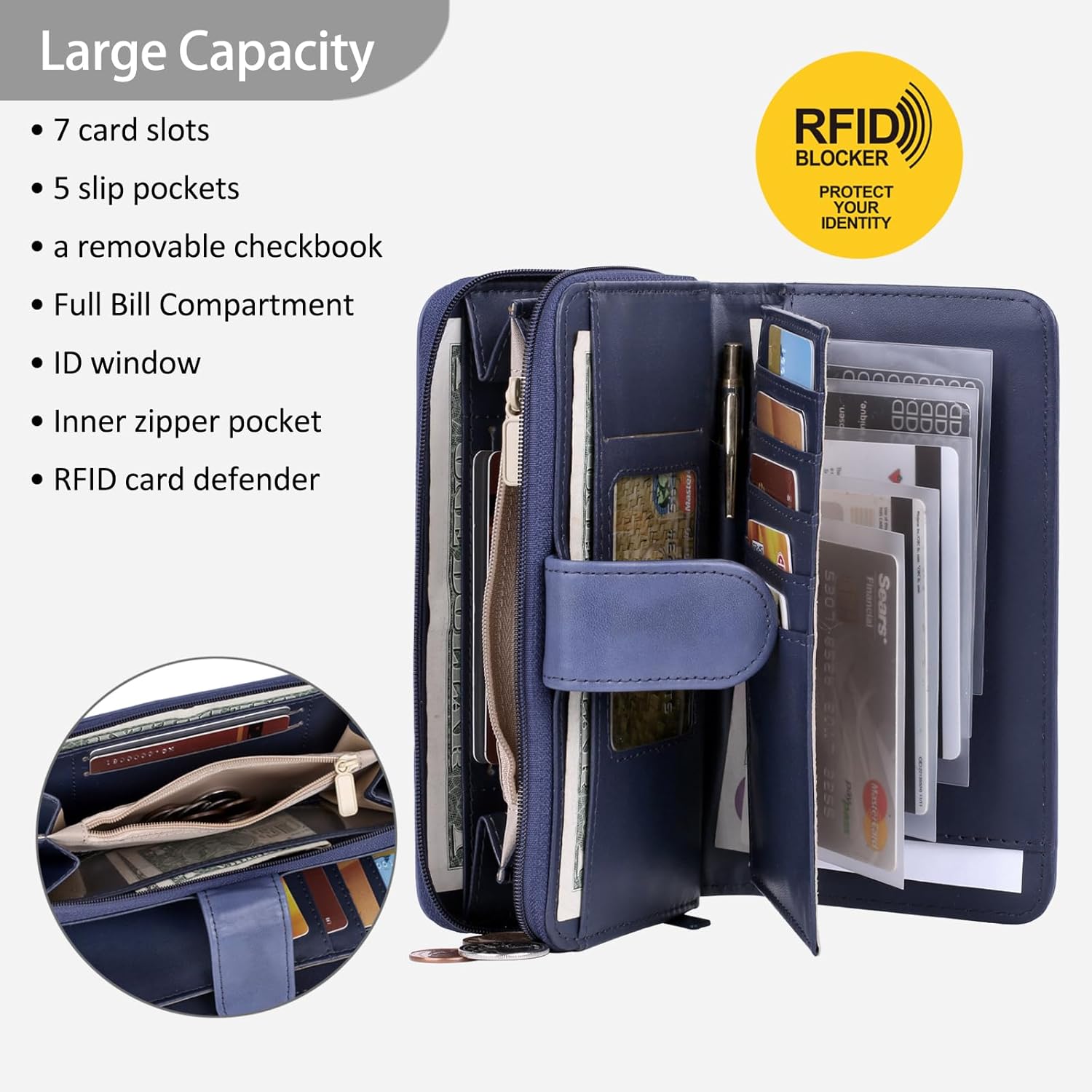 Julia Buxton Heiress Women's RFID Blocking Checkbook Leather Wallet with Zipper, Multiple Card Slots & ID Window, Gift Idea, Navy