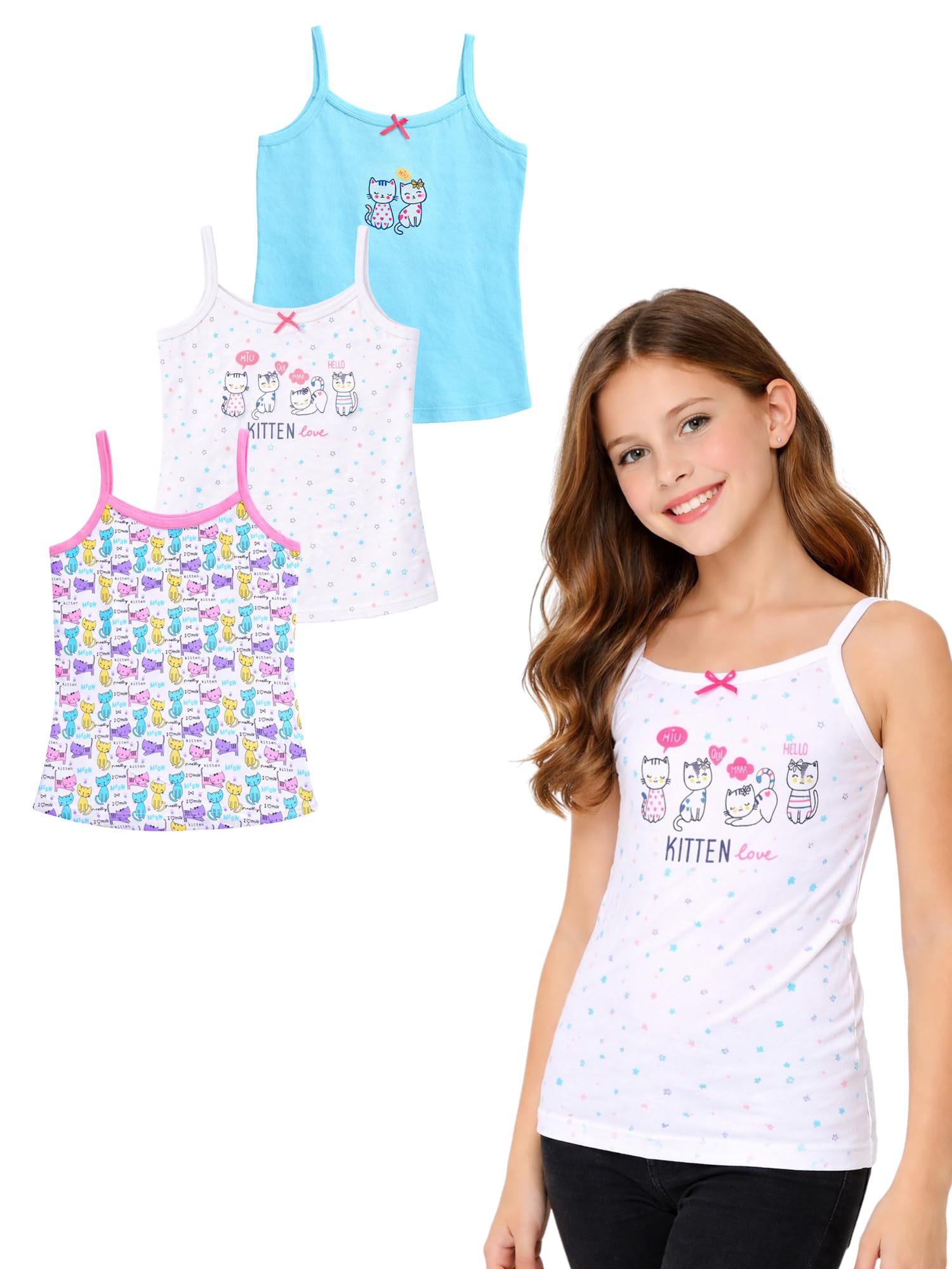 BODYCARE KIDS Girls Cotton Regular Fit Assorted Coloured Printed Dori Vest Pack of 3, 9-10 Years