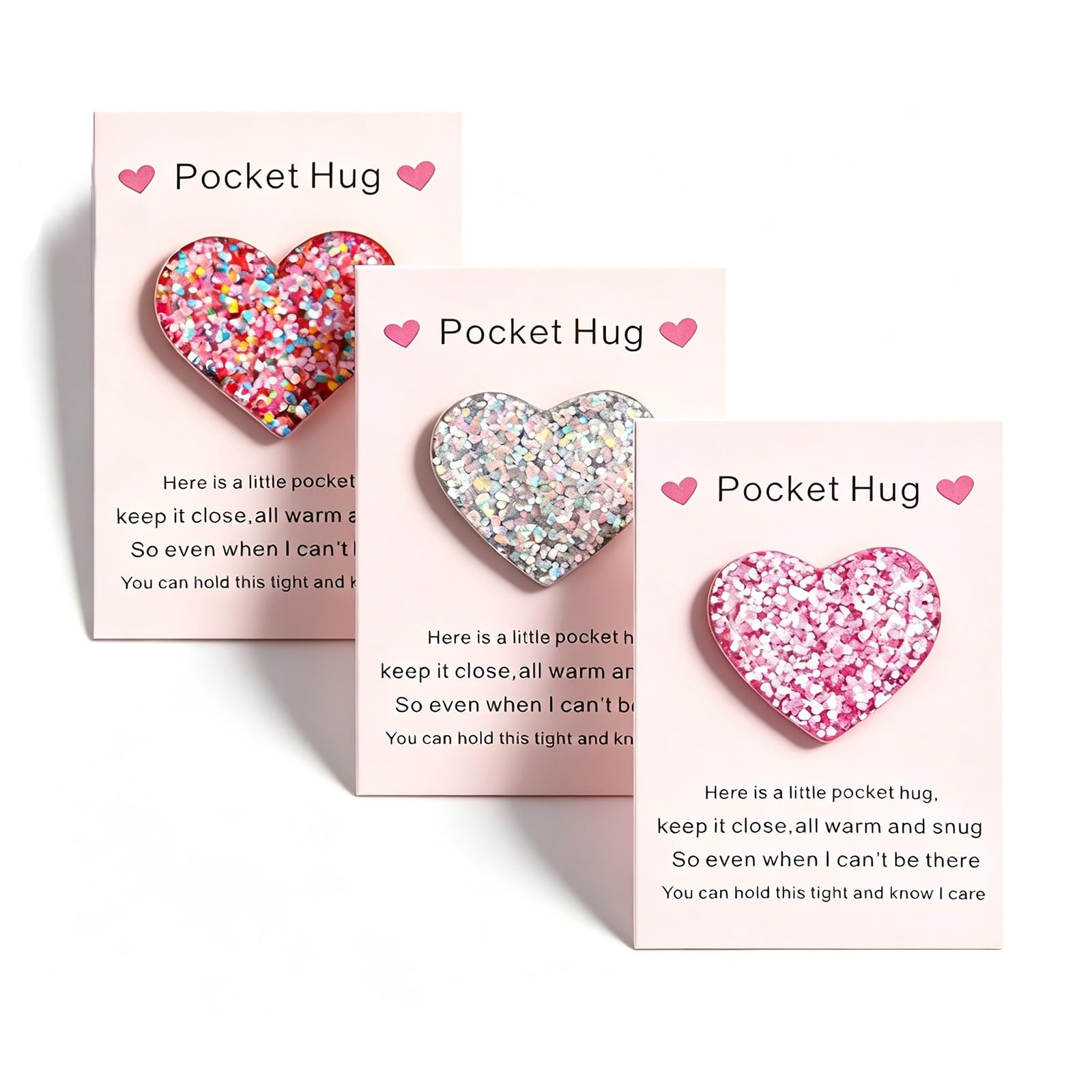 3 PCS Pocket Hug Heart with Greeting Card, Pocket Hug Gift, Pocket Hug Magenta Resin Token for Friend Lover Birthday Christmas Mothers Valentine's Day Gift (Multicolor
