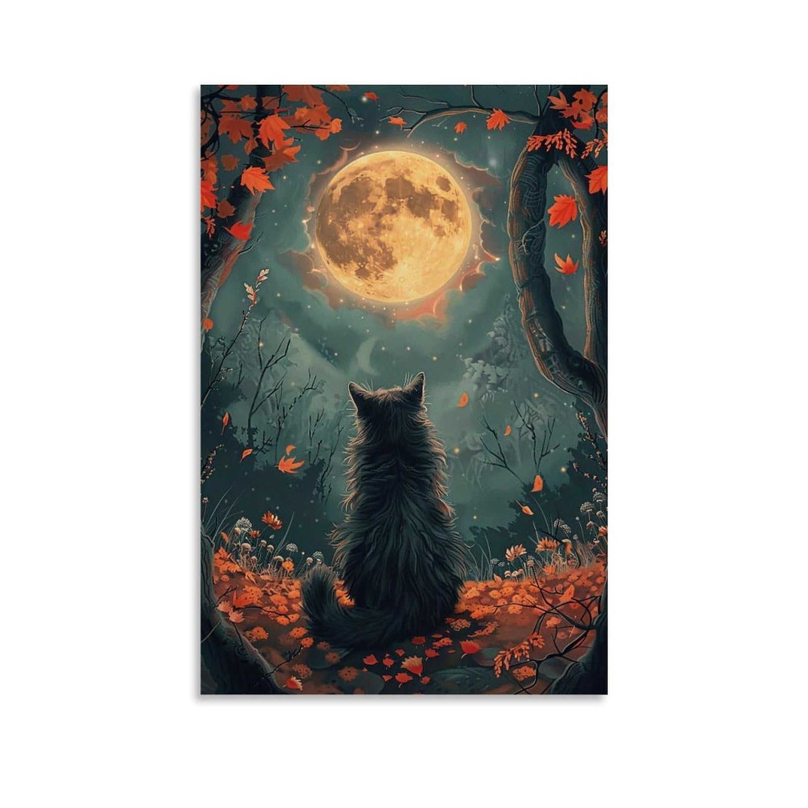 HUERYRYHY Black Cat Under Orange Full Moon 02 Poster Wall Art Canvas Vintage Aesthetic Painting Decor for Rooms 24x36inch Unframe-style