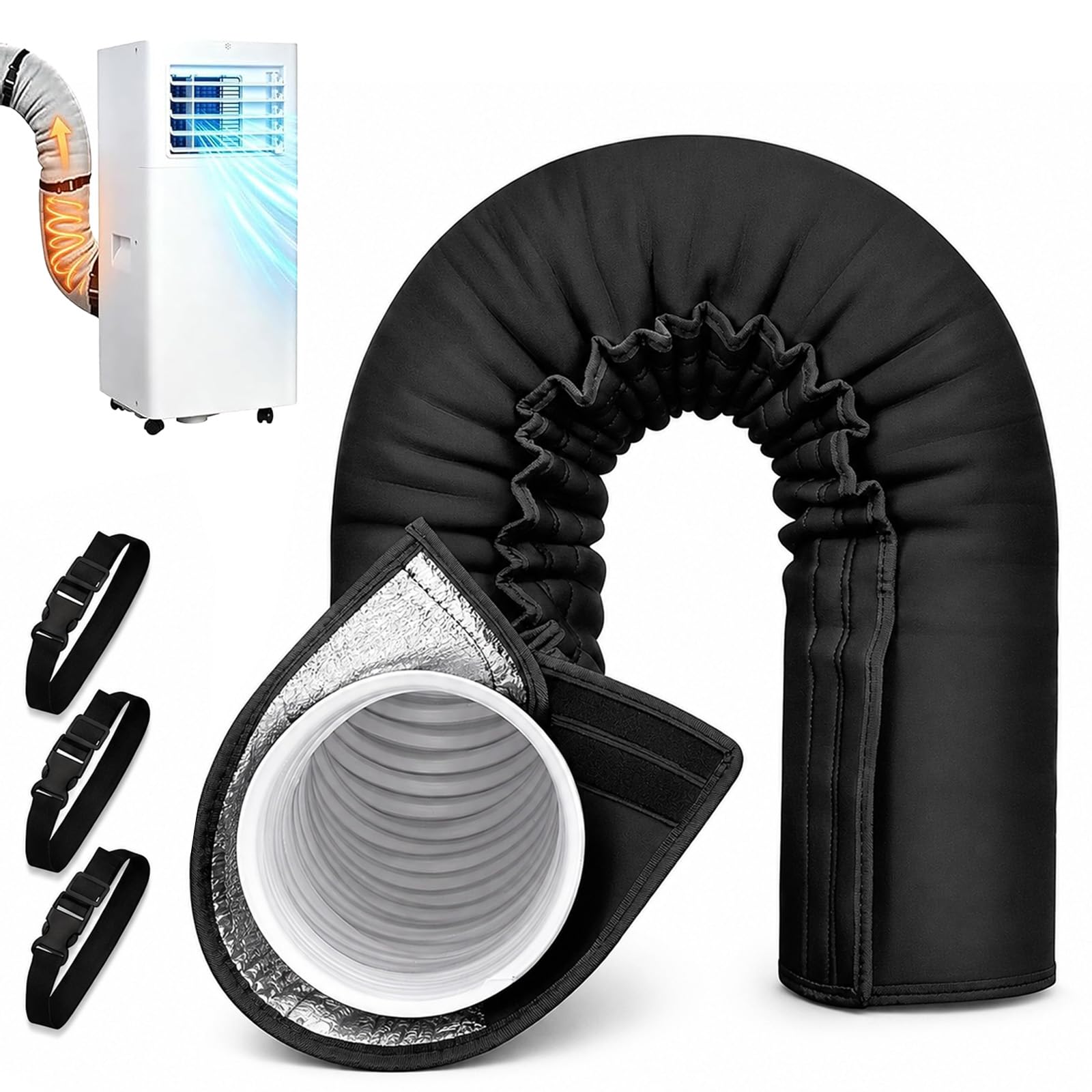 Nnbwlmaee Black Portable Air Conditioner Hose Insulation Sleeve - Fits 5/5.9 In Diameter Thermal Pipe Cover, Insulated Hoses Duct Vent Cover, Easy To Install With 3 Adjustable Straps (Black)