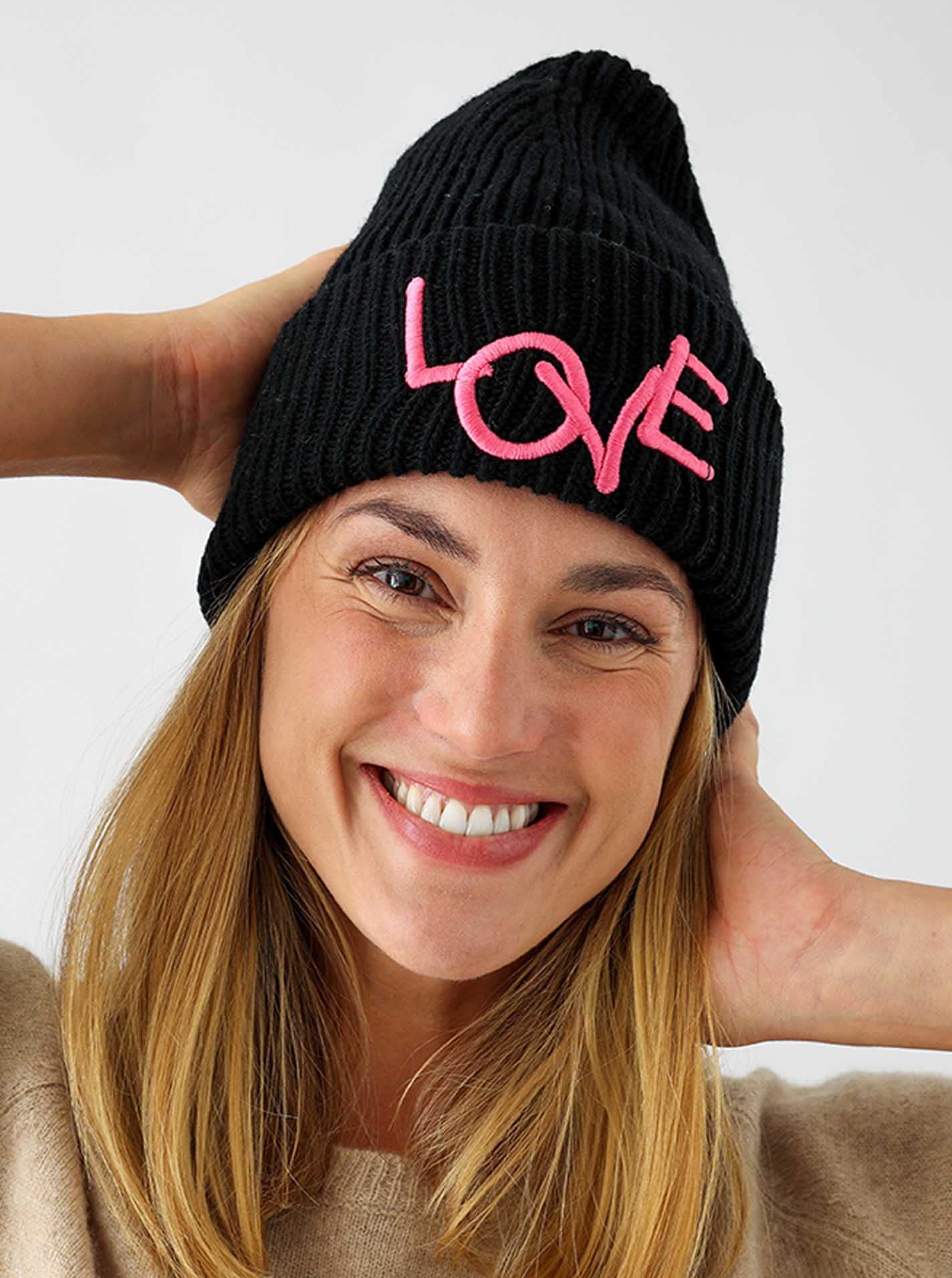 Zwillingsherz Slouch-Beanie-Mütze aus Wolle - Hochwertige Strickmütze mit Love Stickerei für Damen Mädchen Jungen - Hat - One Size - warm und weich für Frühling Herbst und Winter
