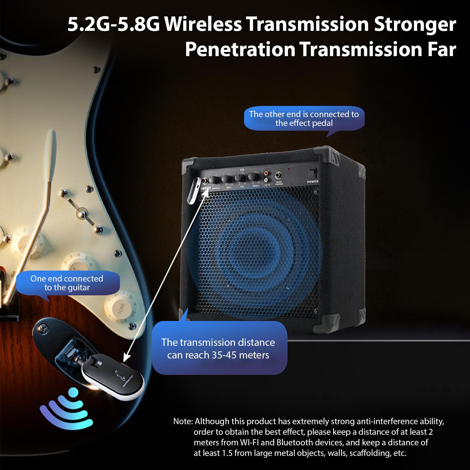 Luocute Bezprzewodowy System Gitarowy 5,8G, Krótki Czas Oczekiwania 5 Ms, Dźwięk o Wysokiej Wierności, 24-bitowy, 48 KHz SNR, 115 DB, Wielokrotne Parowanie 10 urządzeń, z wtyczką