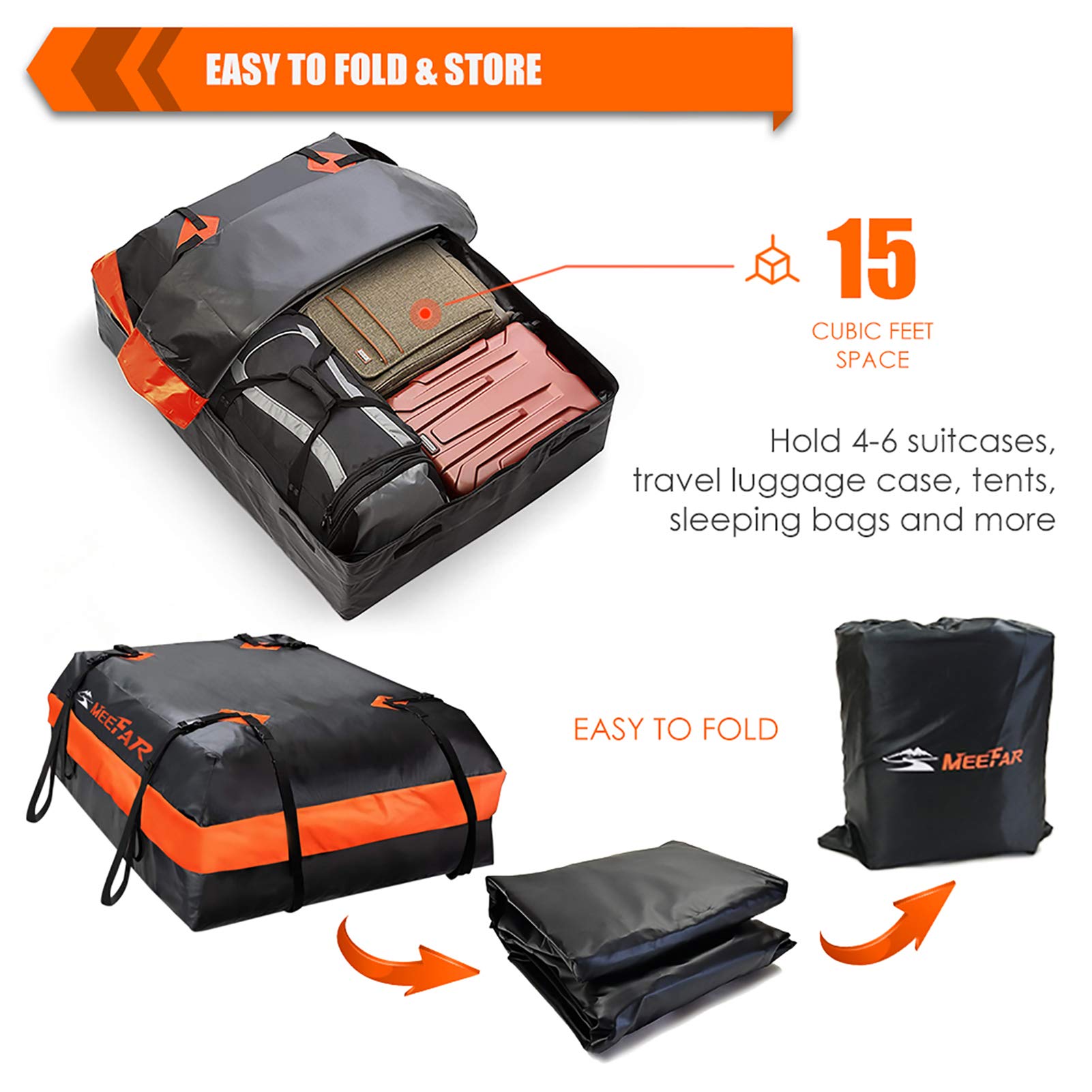 MeeFar Car Roof Bag XBEEK Rooftop top Cargo Carrier Bag Waterproof 15 Cubic feet for All Cars with/Without Rack, Includes Anti-Slip Mat, 8 Reinforced Straps, 6 Door Hooks, Luggage Lock