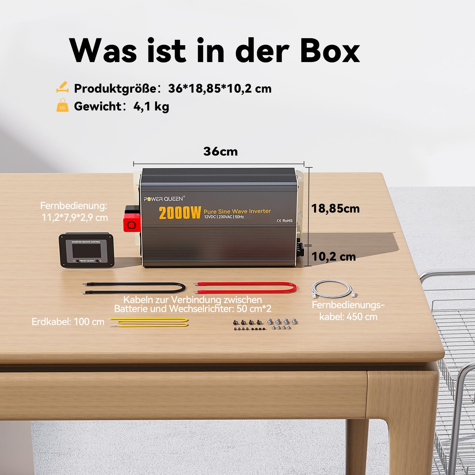 Power Queen 2000W Wechselrichter Reiner Sinus 12V Auf 230V Spannungswandler mit LCD-Anzeige+Fernbedienung, 2 AC Steckdosen, USB+Tycp-C Anschluss, Solar Power Inverter für Wohnmobile, Camping, Boot