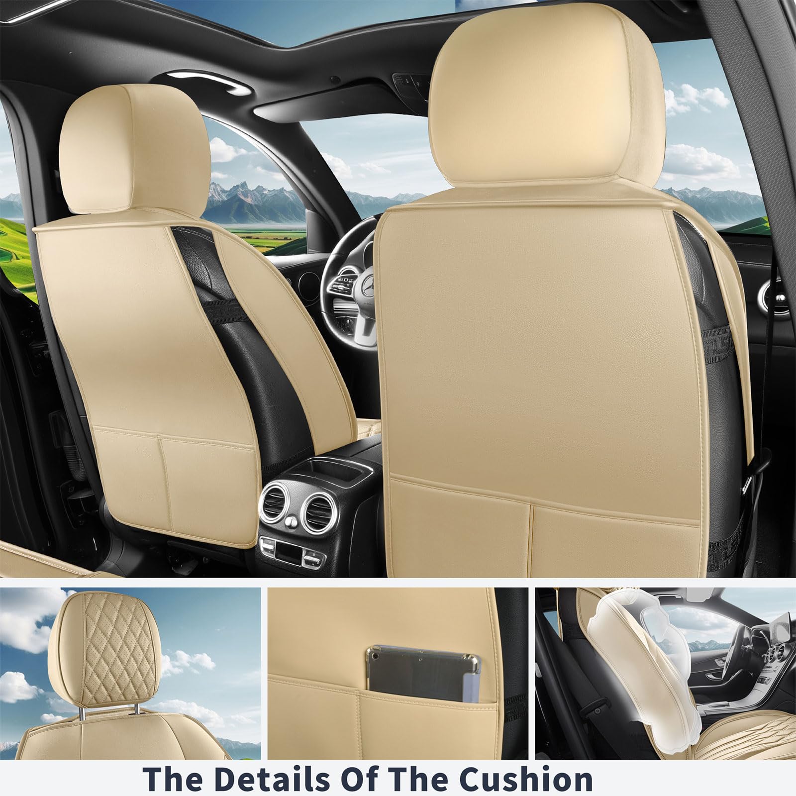 crossmiles Car Leather Seat Cover?Protector Seat Waterproof Automotive Seat Covers Full Sets Super Breathable Universal Fit Cover for Most Car Fount and Back??Beige-Wave?5pcs?