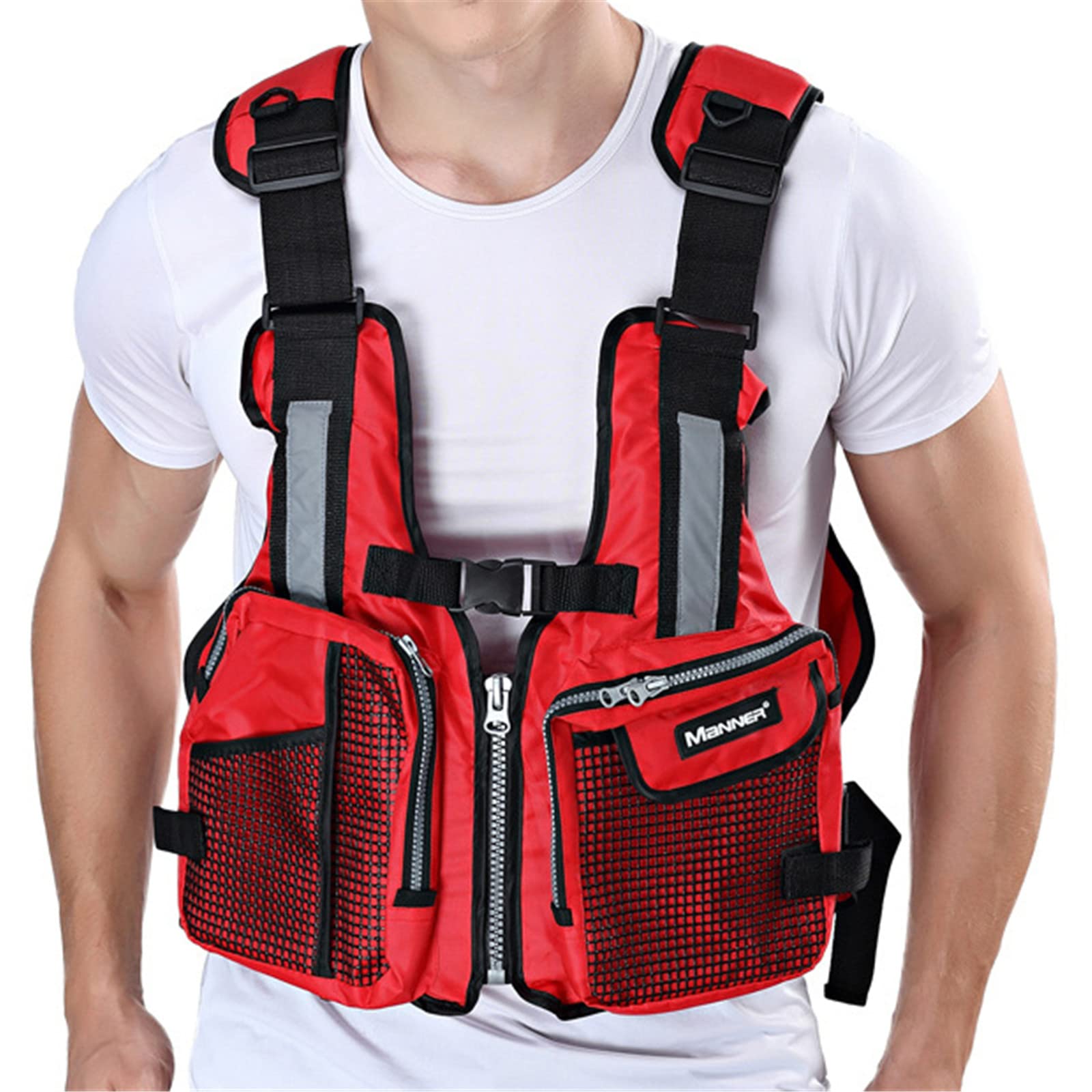 Adult Outdoor Life Jacket Snorkel Safety Tear-Resistant Adjustable Professional Flotation Swim Vest for Watersports Fishing Surfing Kayaking Boating