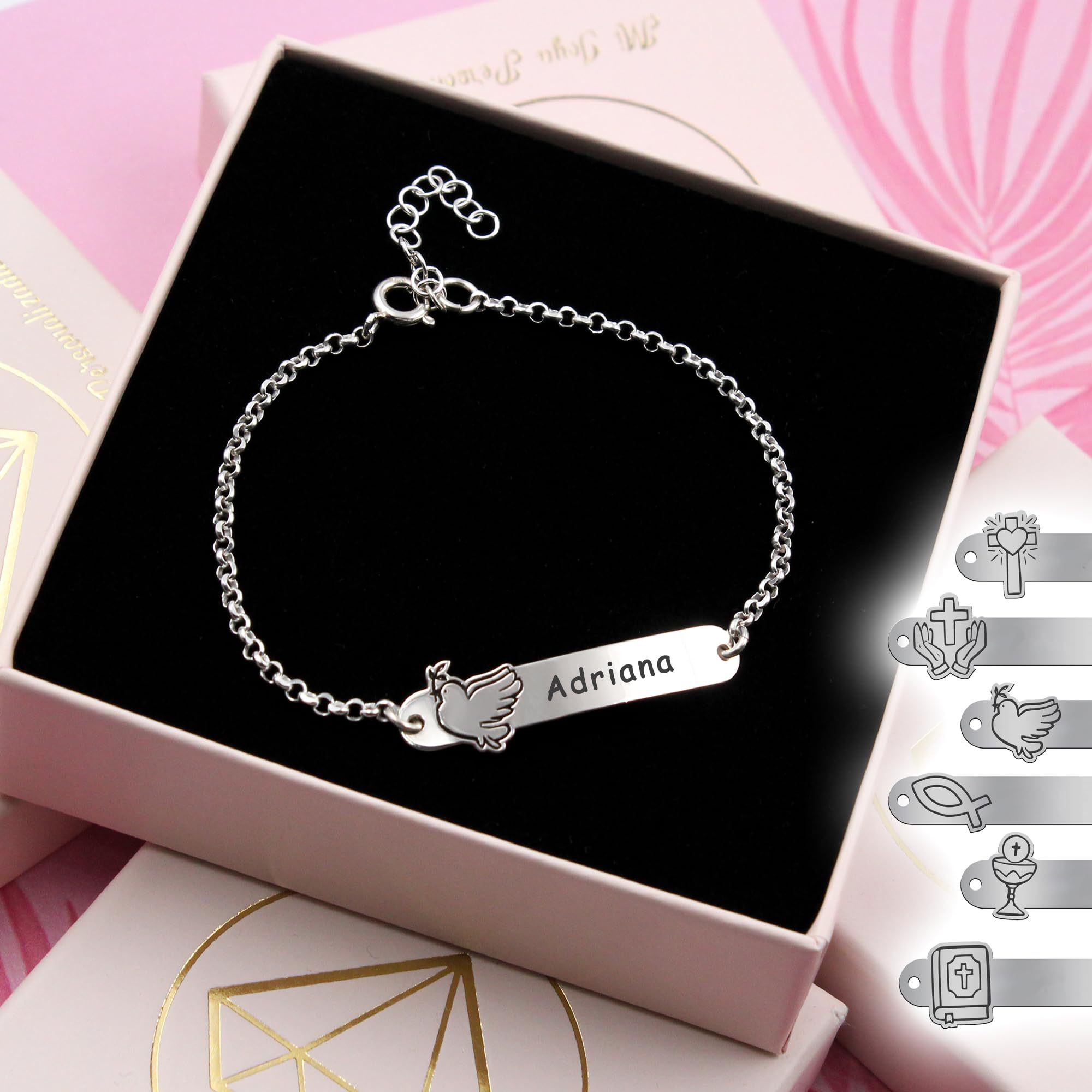 Pulsera Comunión Niña Personalizada - Esclava plata con Motivo Religioso y Grabación - Regalo perfecto