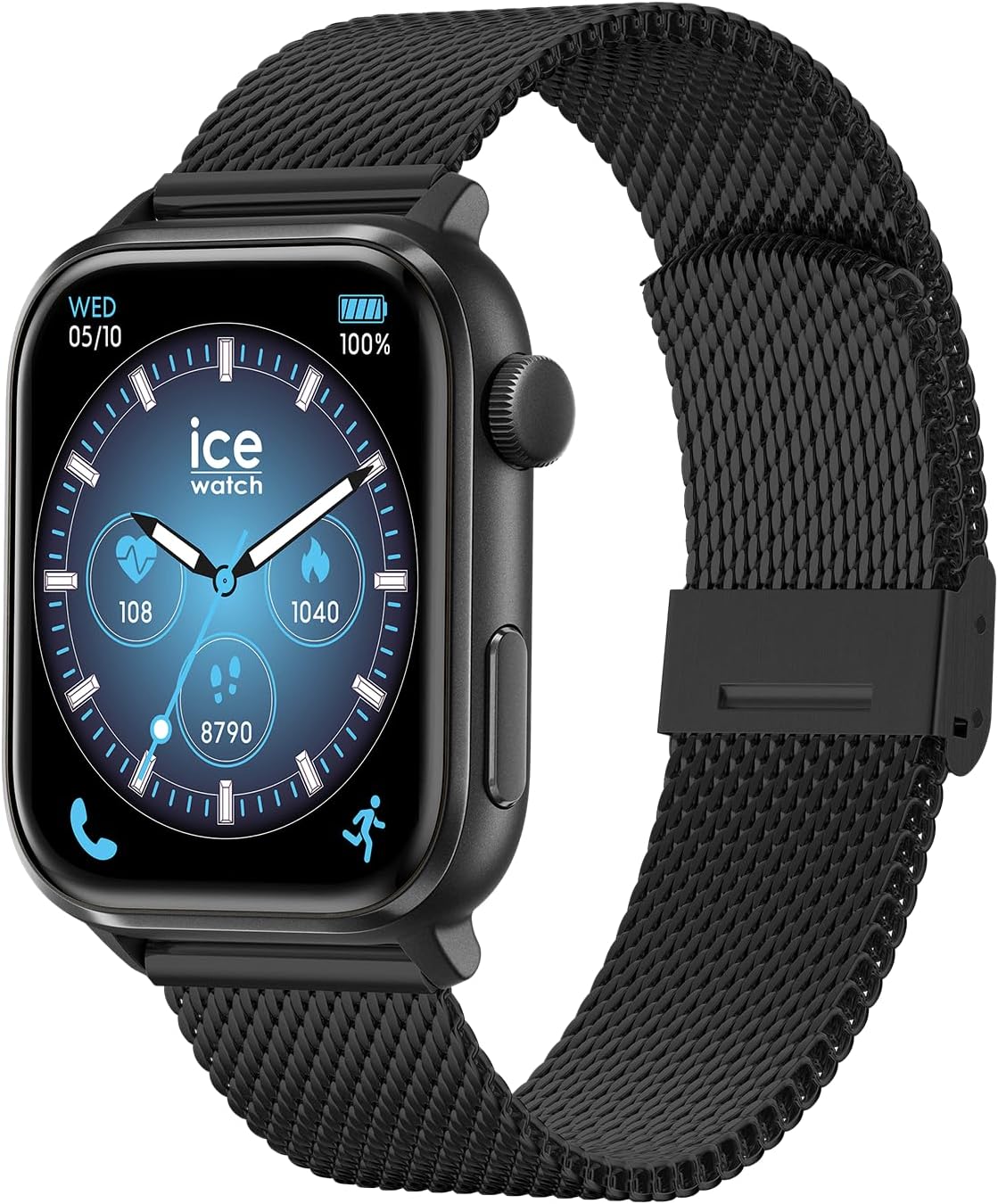 Front view of the ICE smart 3.0 smartwatch with the black Milanese loop band detached, showing the watch face and the band separately.