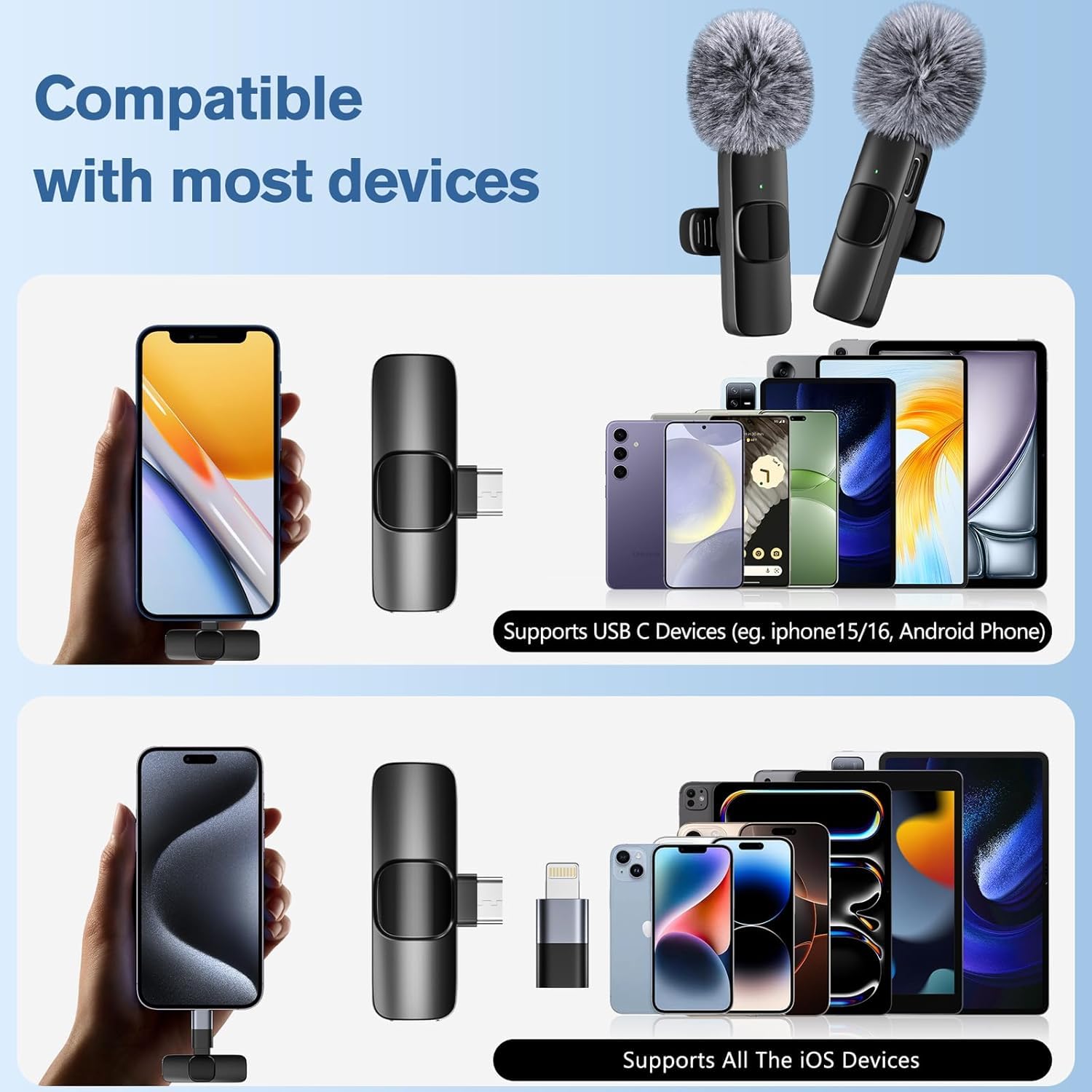 Mini Mic Pro Kabelloses Mikrofon für iPhone, iPad, Android, 2er-Pack Lavalier-Mikrofon mit USB-C für Videoaufnahmen, Interviews, Podcasts, Vlog und ASMR, Tiktok, YouTube