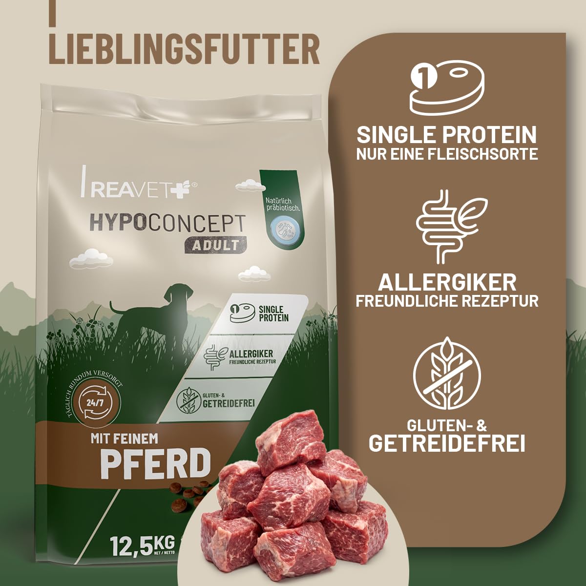REAVET HYPOCONCEPT Hundetrockenfutter Pferd – Single-Protein Rezeptur 12,5kg I Getreidefrei & ohne Zucker Trockenfutter für alle Hunde & Rassen, auch für Sensible Hunde & Allergikerfreundlich