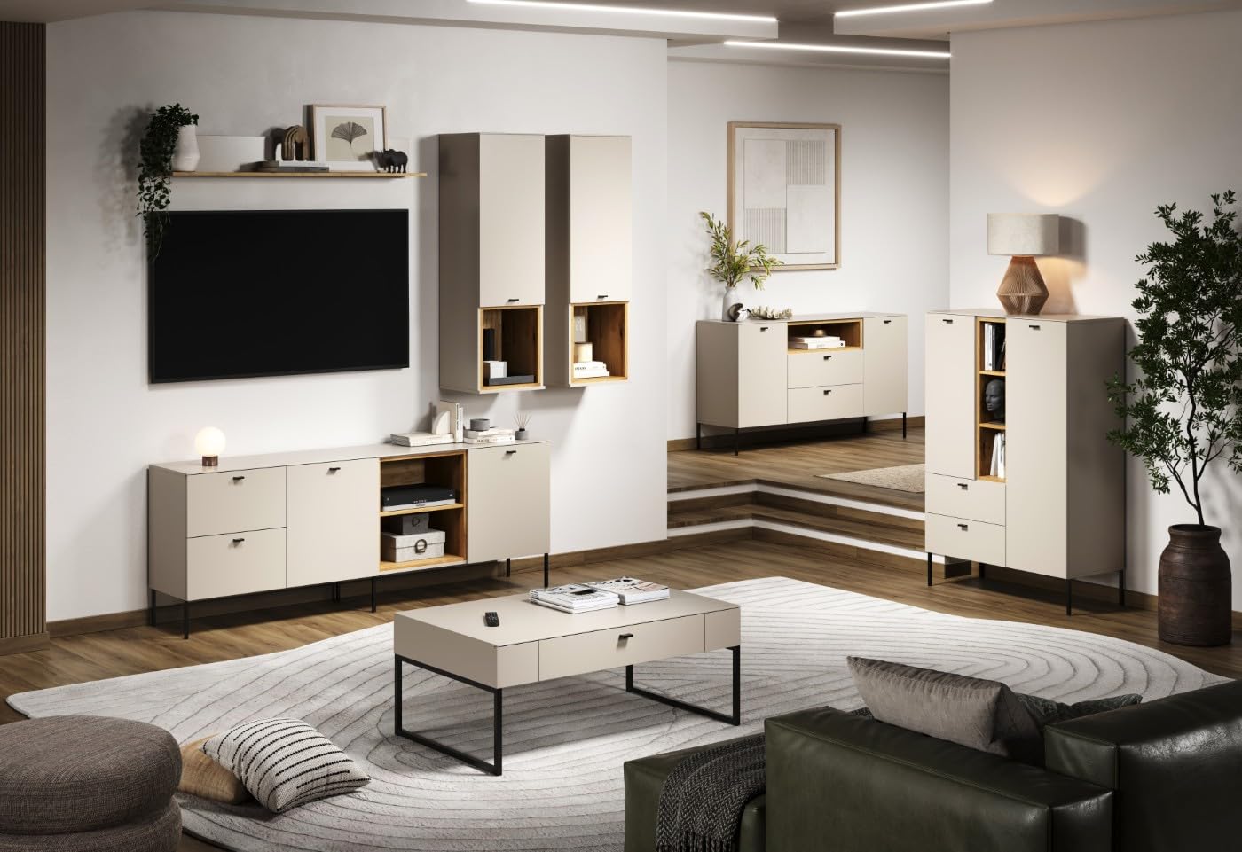 trendteam smart living Sao Paulo Highboard Kashmir (Beige)/Evoke Eiche Sideboard mit Soft-Close Funktion 93 x 140 x 42 cm Metallgriffe und -Füße Wohnzimmerschrank