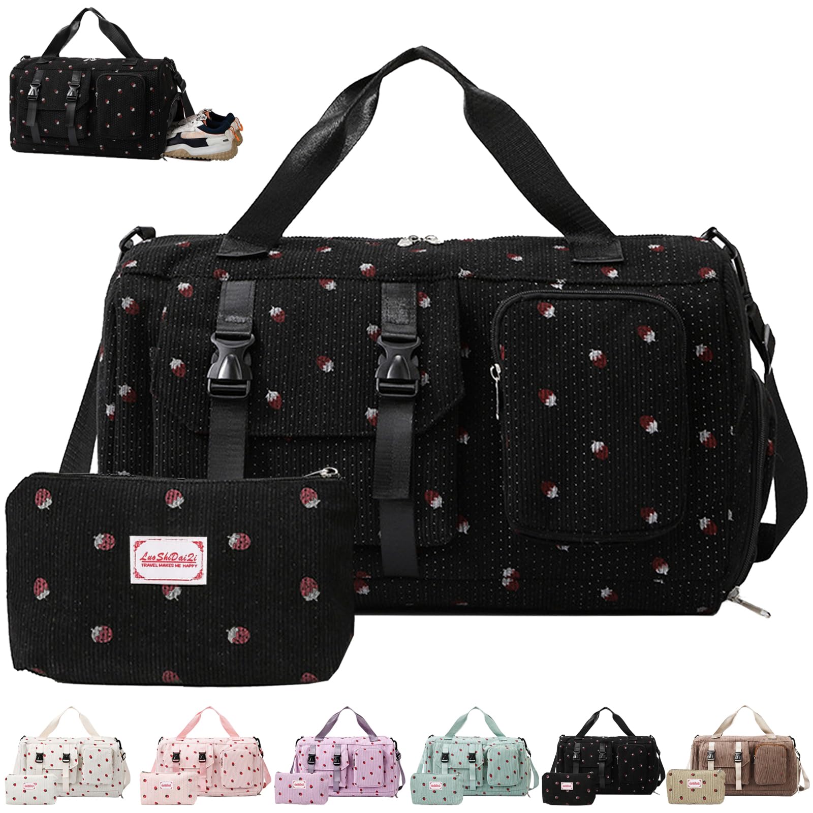 Bolsa de Deporte para Mujer, Pana Fresa Sporttasche con Compartimento para Zapatos, Compartimento y Billetera Pequeña para Mojados, Bolsa de Viaje für Viajar, Fitness, Deporte, 46x24x26 cm — view 9