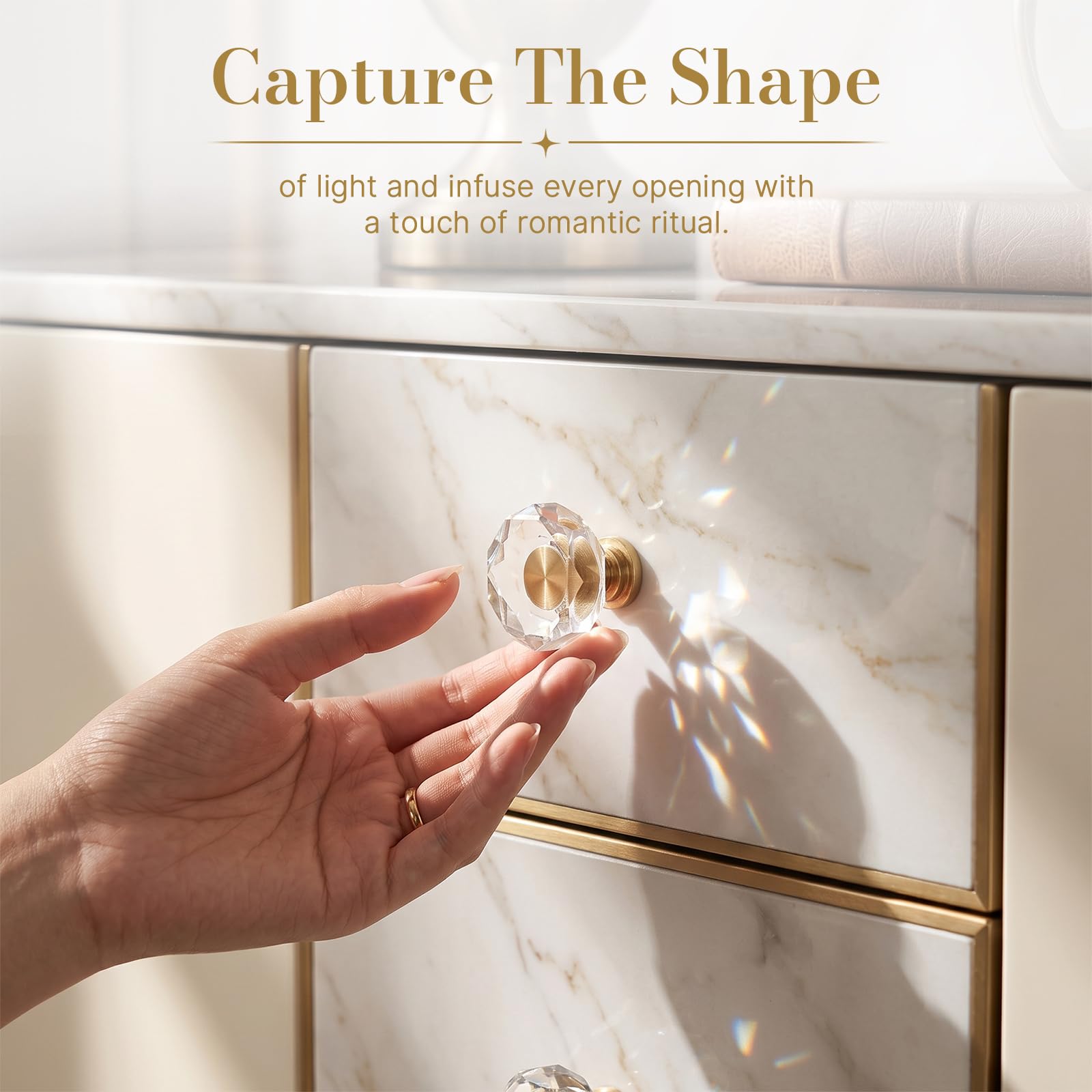 12 Pack 1-1/4 Inch Glass Crystal Cabinet Knobs, Brass Polygon Drawer Pulls — Amazon image 2