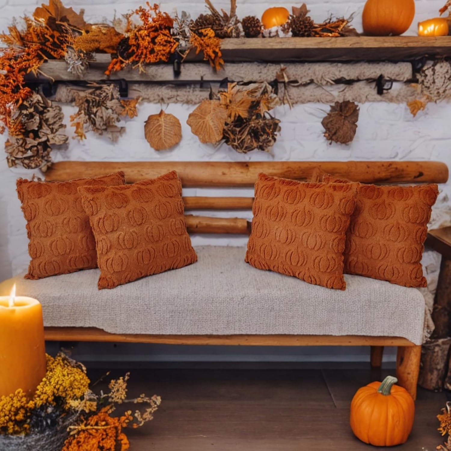 Fall Pumpkin Throw Pillow Covers 16x16 inch Set of 4, Rust Red Autumn Thanksgiving Farmhouse Living Room Soft Fluffy Plush Faux Fur Wool Decorations for Sofa Couch Bed
