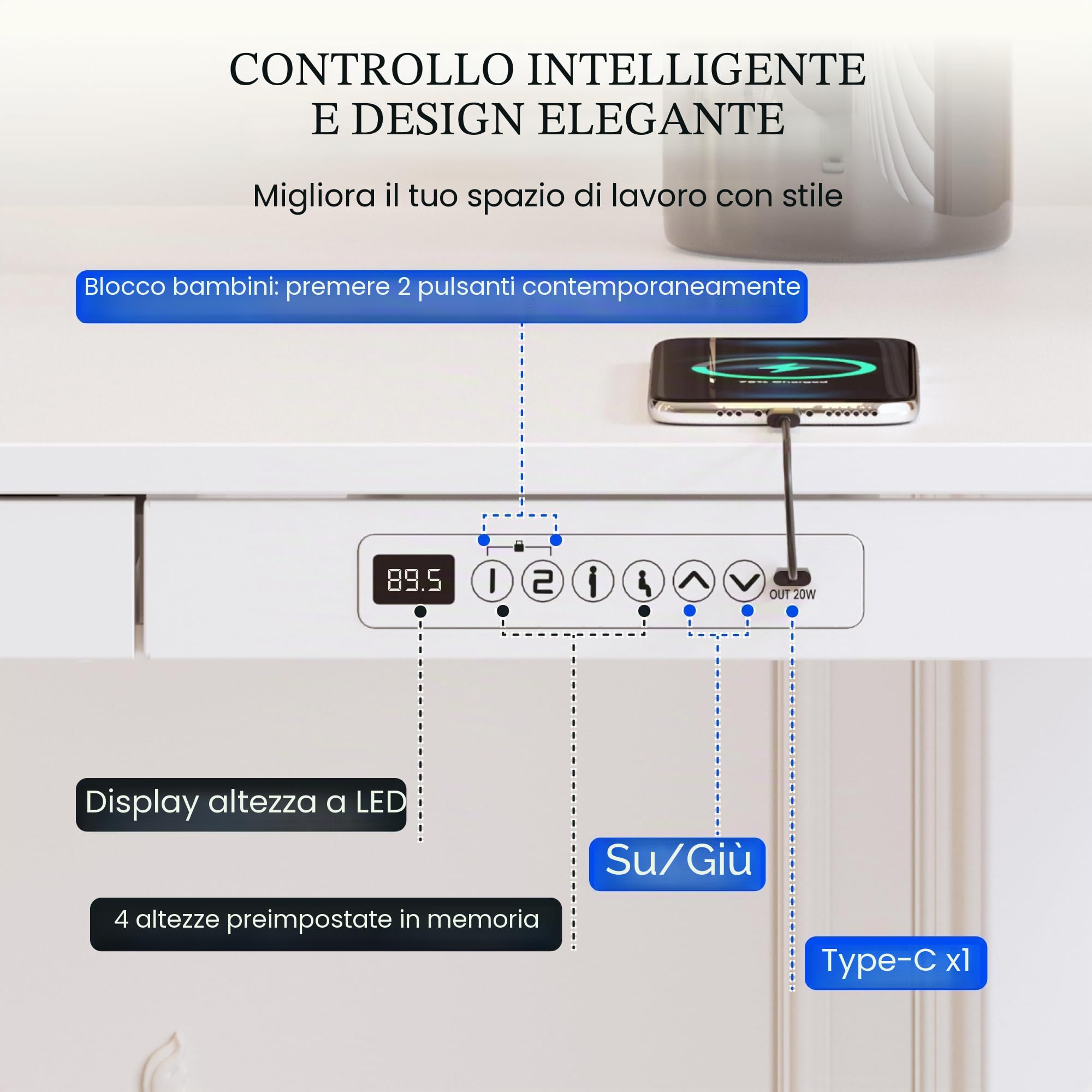 FLEXISPOT Scrivania elettrica regolabile in altezza con indicatore LED di altezza, funzione Memory e USB, scrivania elettrica con cassetto per ufficio domestico 140 x 70 cm (Bianco elegante)