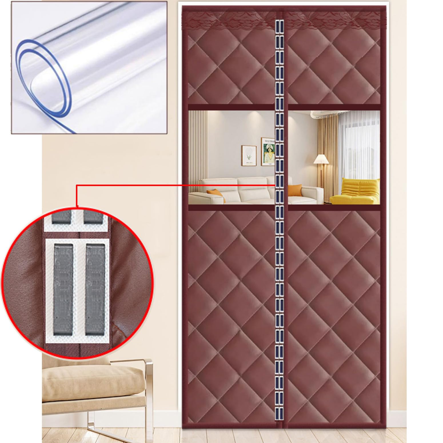 Thermo Türvorhang Kälteschutz Wärmeschutzvorhang für Türen,Isolier Schutz Vorhang mit transparentem Fenster,Wasserdicht,Winddicht,Selbstklebend,Automatisches Schließen (95cm x 210cm,Grau)