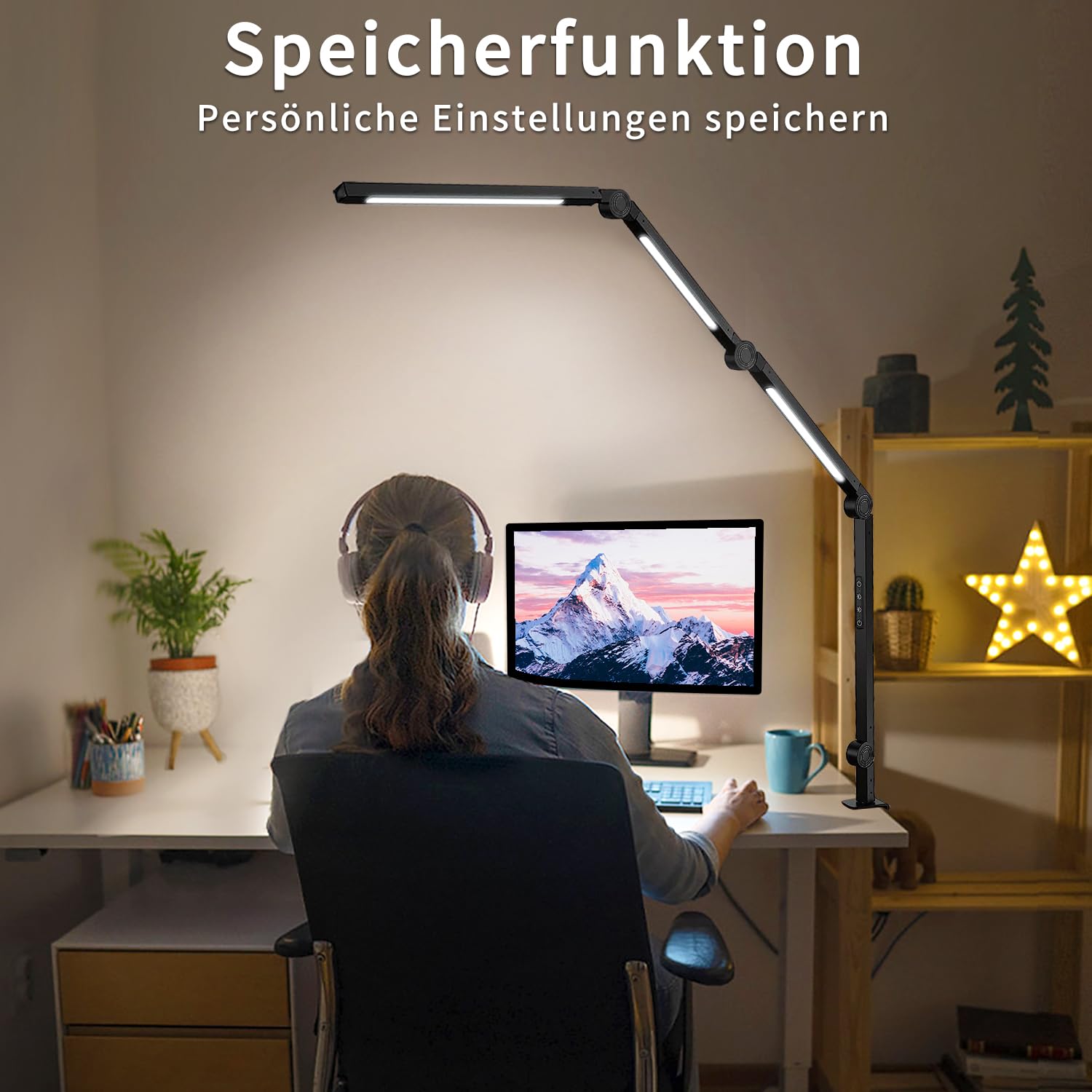Led Schreibtischlampe klemmbar,Tischlampe 4 Sektionen Schwingarm Tageslichtlampe Schreibtisch,Touch Control Helligkeitsstufen 5 Helligkeit 4 Farbmodi, Speicherfunktion desk Lamp
