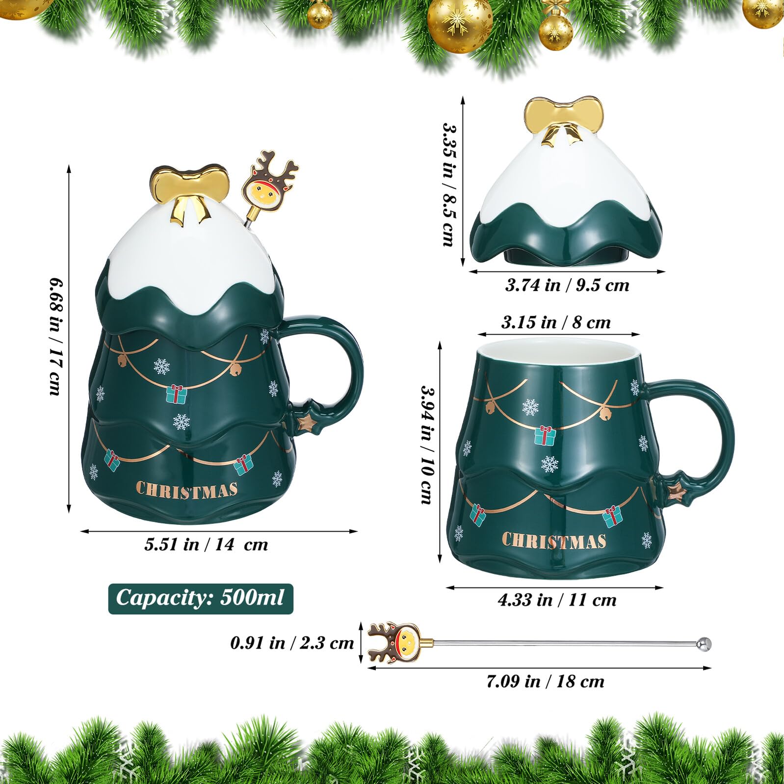 Taza de Cerámica Navideña Diseño de Árbol de Navidad Color Verde Tapa y Cuchara 1 Pieza Adecuado para Café Leche y Bebidas Calientes Fiestas y Hogar