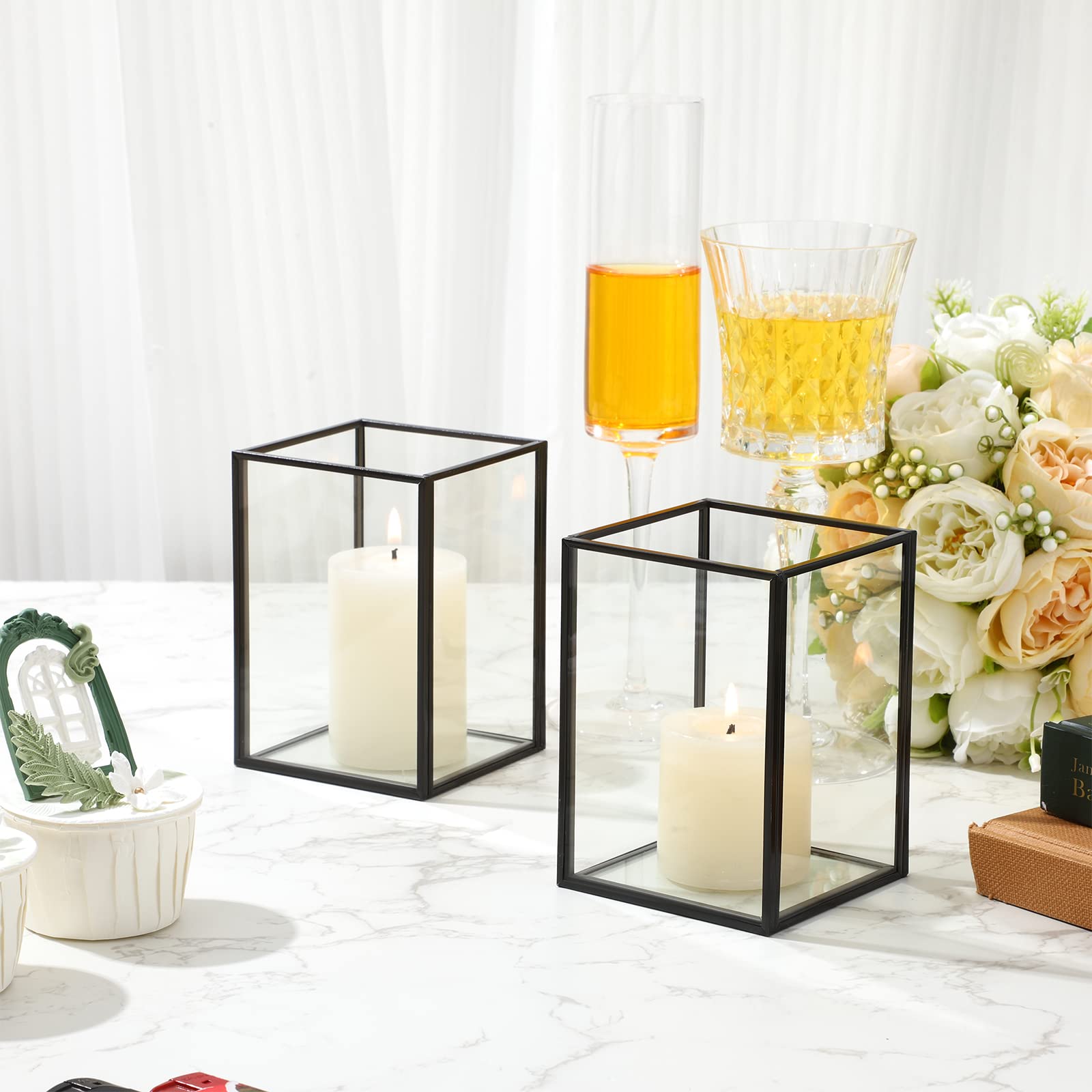 Set of 12 Glass Hurricane Candle Holder Rectangular Candle Holder 4.7 x 3.3 Inches Large Clear Candle Holder Vase Centerpieces Decoration for Home Party Fireplace Wedding Festival (Black)