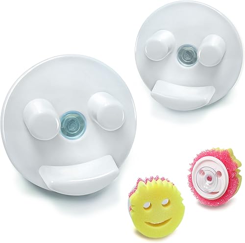 Storage Theory - Soporte de esponja con ventosa, organizador de fregadero de baño y cocina blanco para esponjas de cara sonriente, no incluye