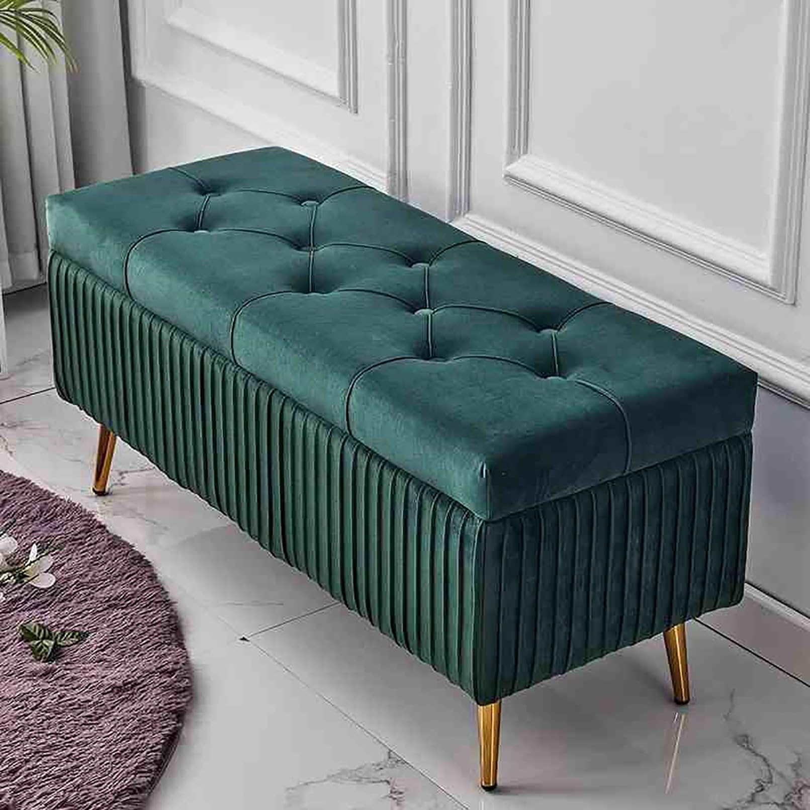 Stylowa ciemnozielona otomana ławka do przechowywania uniwersalna siedzisko do przedpokoju i sypialni drewniana półka na buty koniec łóżka 100 x 40 x 45 cm idealna do salonu i wejścia