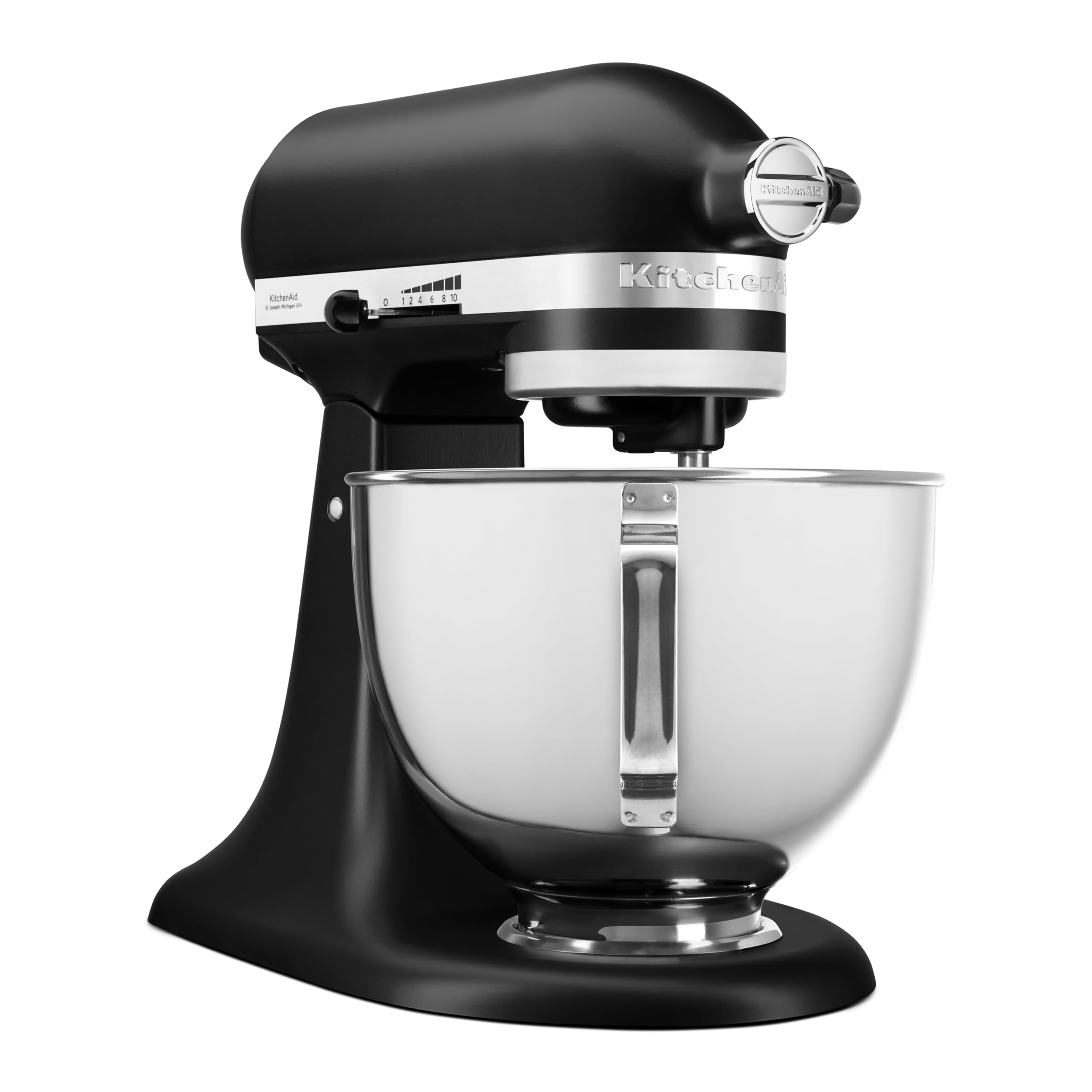 KitchenAid Classic 4,3L Küchenmaschine mit Schwenkkopf, 10 Stufen mit Sanftanlauf, Flachrührer, Knethaken & Schneebesen, Planetenrührwerk, 59 Schüsselkontaktpunkte, Black Matte