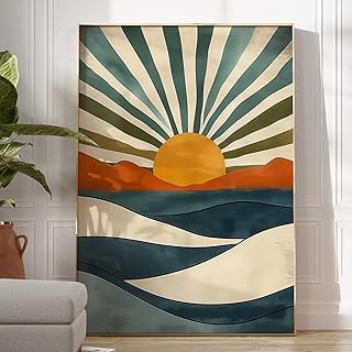 Boho Sun Wall Art Mid Century Modern Print Abstract Sun Sunrise Sunset Wall Art Canvas Abstract Ocean Waves Poster Boho Minimalist Painting Sunrise and Sunset Pictures for Wall 16x24inch No Frame