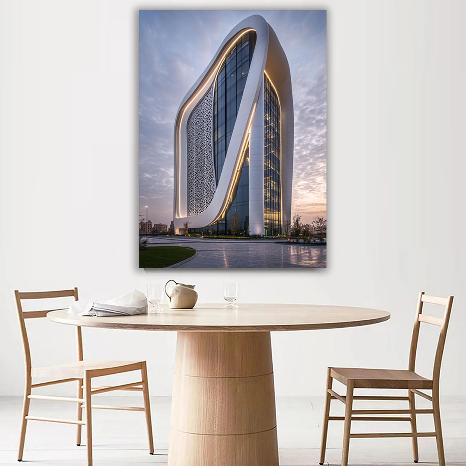 CUDAOO Płótno sztuka ścienna budynek miejski pejzaż miejski drukuje łuk lekki budynek do dekoracji biura domowego (biały) - 70 x 100 cm oprawiony