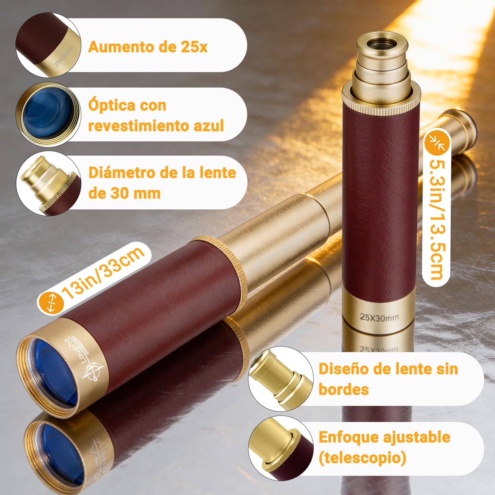Telescopio Pirata Retro con Zoom y Mapa del Tesoro 25x30 Catalejo Telescopio Portátil Plegable Monocular Vintage para niños y Equipo de Supervivencia Brújula Brújula Militar de Bolsillo