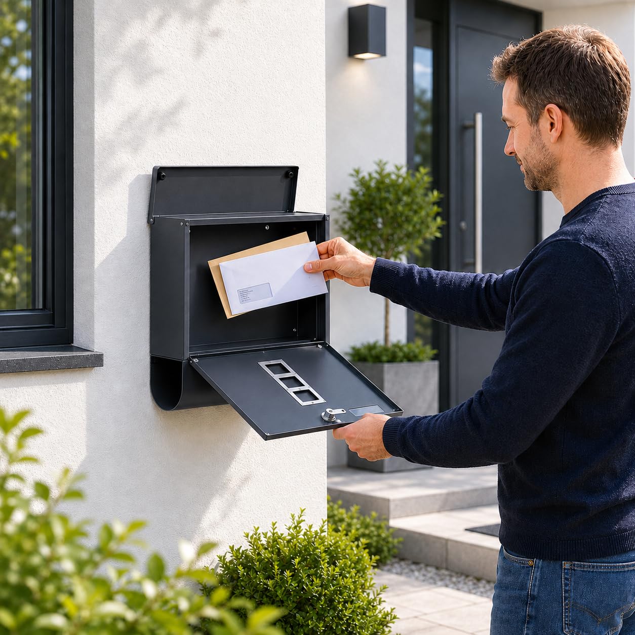 Zedelmaier Briefkasten 9 x 34 x 30,4 cm mit 4 Schlüsseln für B5&C5 Umschlag Postkasten Wandbriefkasten Mailbox Briefkästen mit Zeitungsfach RAL7016 Anthrazit