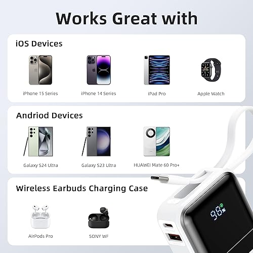 Miniatura 7 de MOKiN - Cargador portátil, 10000 mAh, 30 W, carga rápida, batería de teléfono con cable integrado, 4 salidas, cargador compacto de viaje USB C para