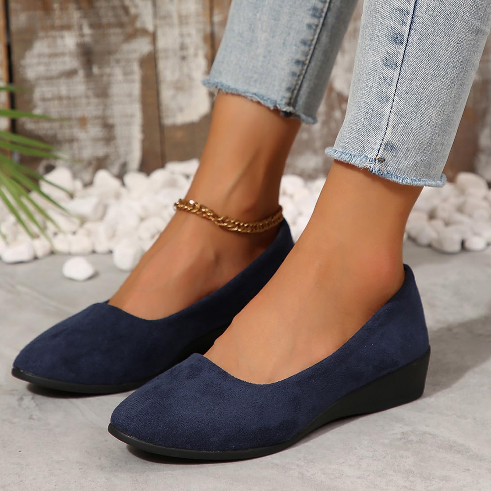 Elegantes zapatos de cuña de ante ligeros y antideslizantes con tacón bajo, cuñas bajas cerradas, puntera redonda, ortopédica, soporte de arco para caminar, para fascitis plantar