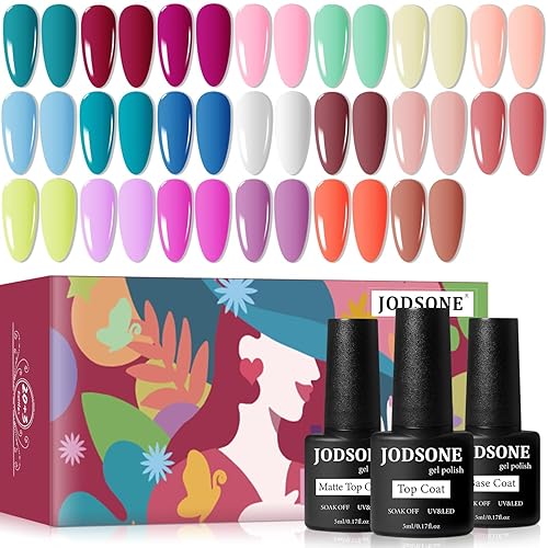 JODSONE - Juego de esmaltes de uñas en gel, con capa base y capa superior, juego todo en uno, alto brillo, 32 colores JODSONE - Juego de esmaltes de uñas en gel, con capa base y capa superior, juego todo en uno, alto brillo, 32 colores