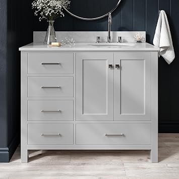 ARIEL Cambridge 42-inch Bathroom Vanity with Sink,Solid Wood, 0.75-inch Italian Carrara Marble Countertop & Backsplash, Single Oval Porcelain Sink, 2 Soft Closing Doors, 5 Dovetail Drawers, Grey