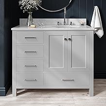 ARIEL Cambridge 42-inch Bathroom Vanity with Sink,Solid Wood, 0.75-inch Italian Carrara Marble Countertop & Backsplash, Single Oval Porcelain Sink, 2 Soft Closing Doors, 5 Dovetail Drawers, Grey