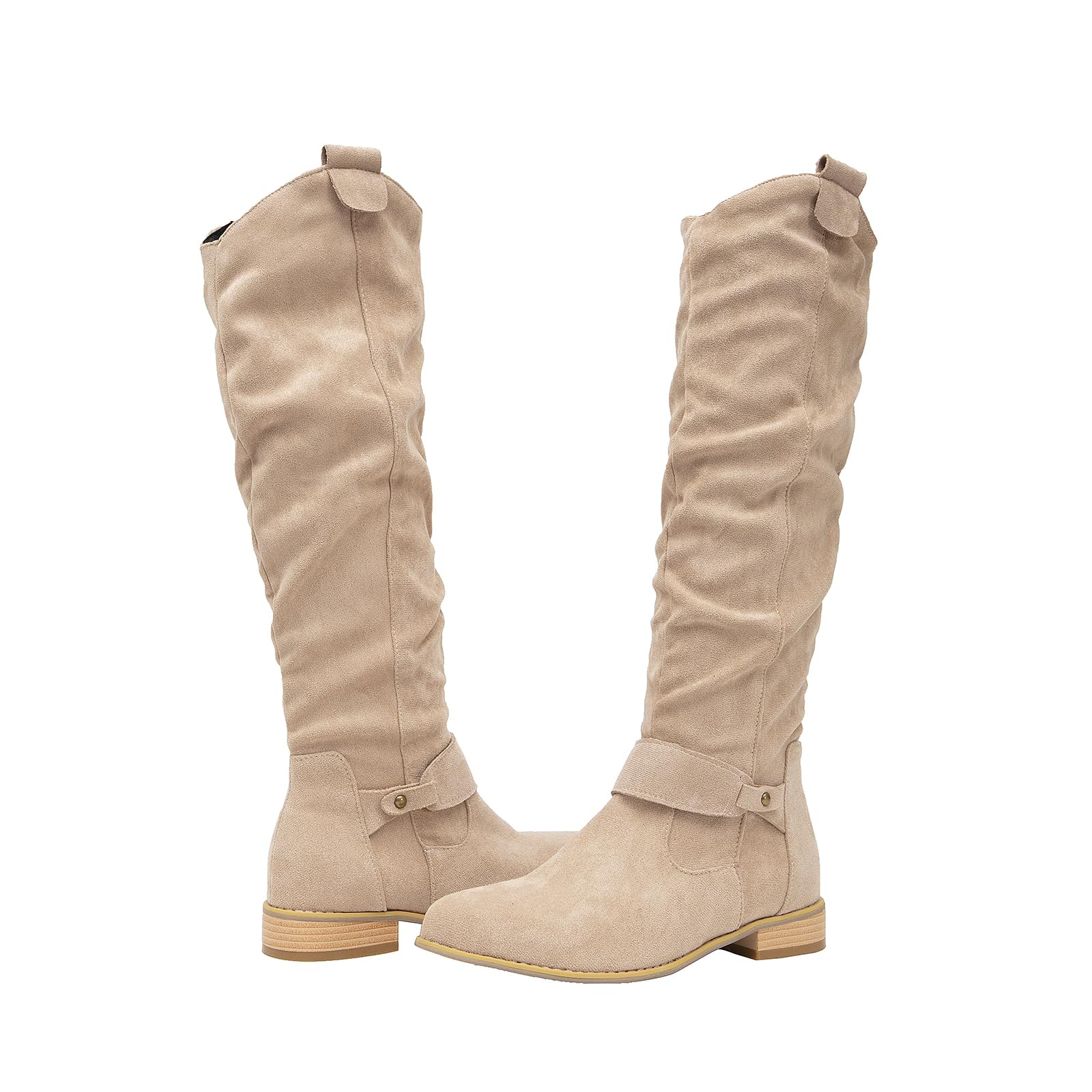 getmorebeauty Damen Winterstiefel Kniehohe Stiefel Flach Wildleder Seitlicher Reißverschluss Oberschenkelhohe Stiefel
