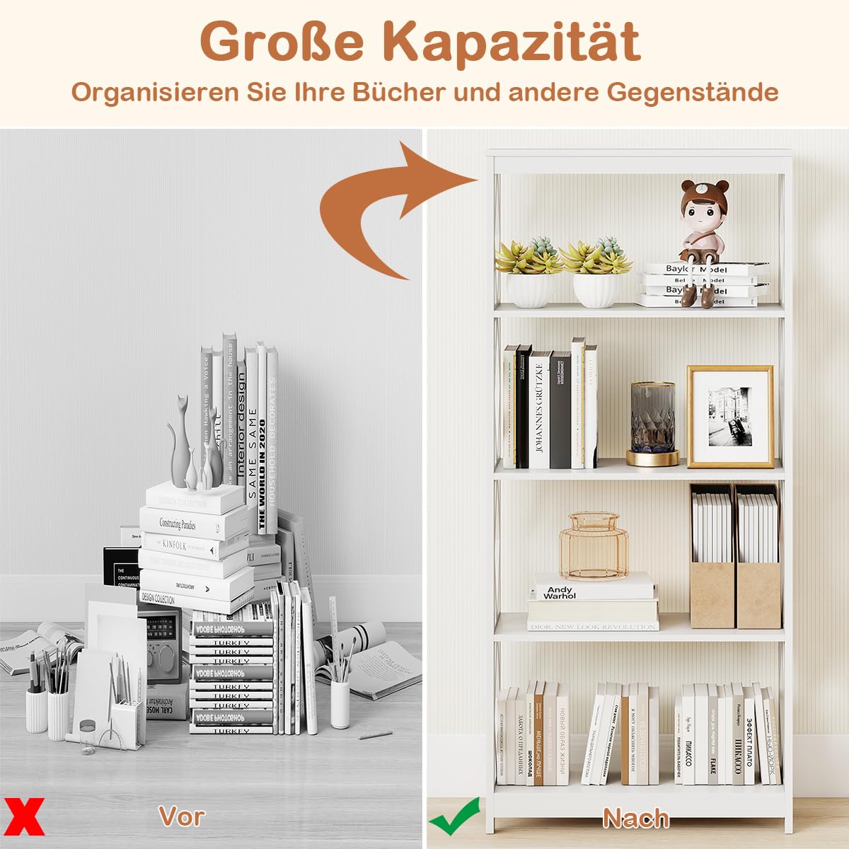 COSTWAY 5-stöckiges Bücherregal, offenes Holzregal mit rhombischer Struktur, Standregal weiß, freistehendes Aufbewahrungsregal für Küche, Wohnzimmer & Schlafzimmer, 70 x 30 x 155 cm