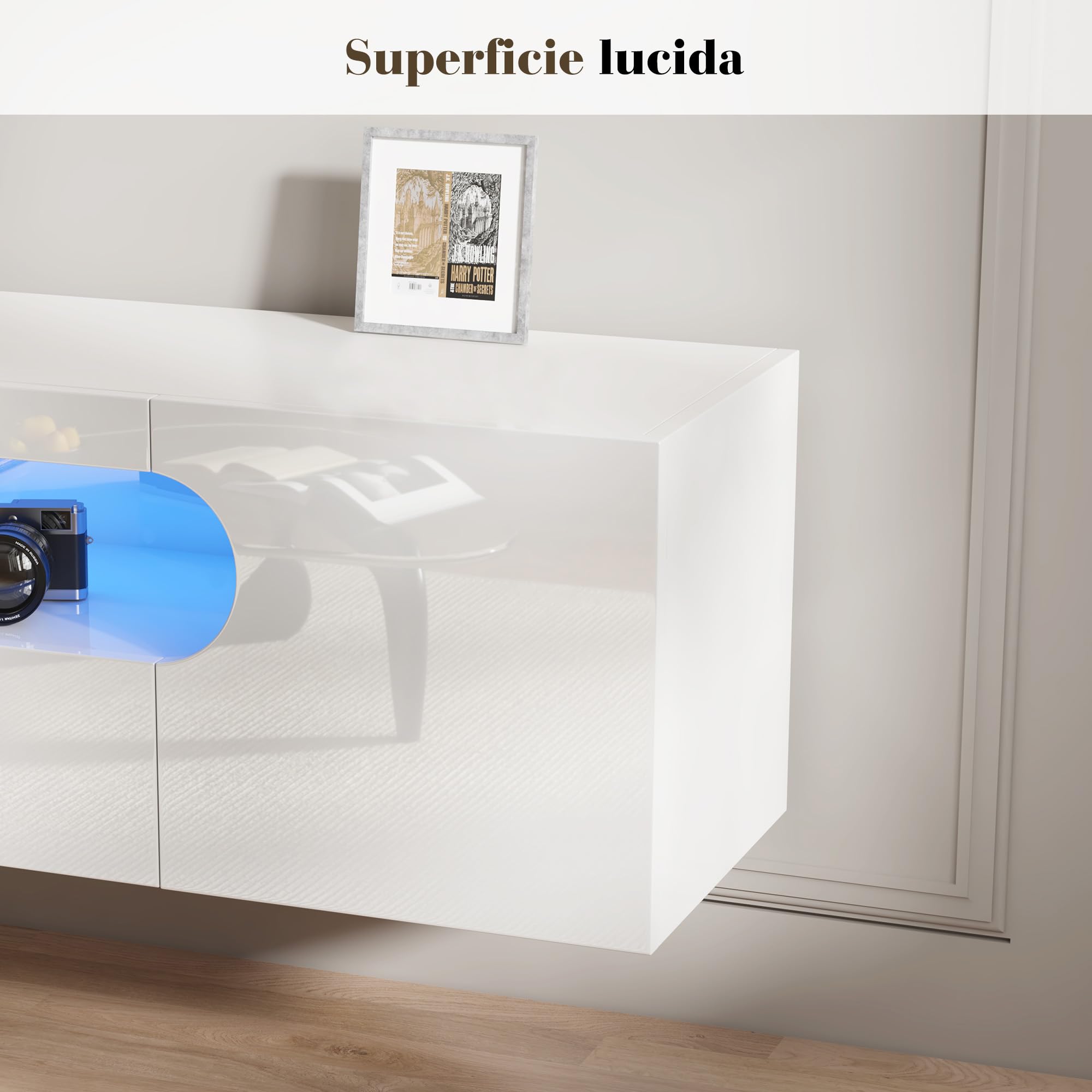 LUXOAK Meuble TV Suspendu 160 cm, Meuble TV Blanc Brillant avec LED RGB, Meuble Télé Suspendu pour 55–75 Pouces, Support TV Mural avec Rangement et Gestion des Câbles